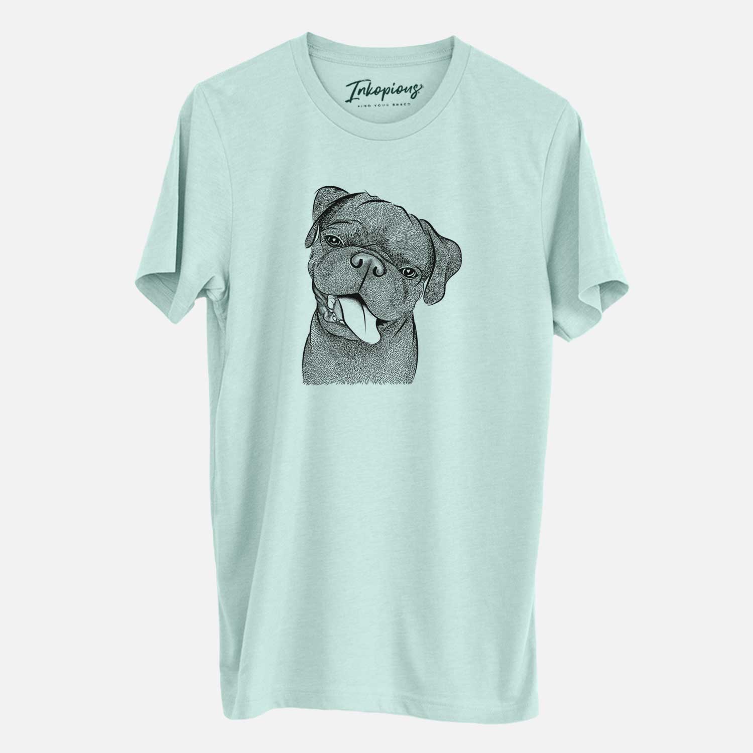 Hand-drawn sketch of Dudley Danger the Pug on a Heather Sage Unisex crewneck