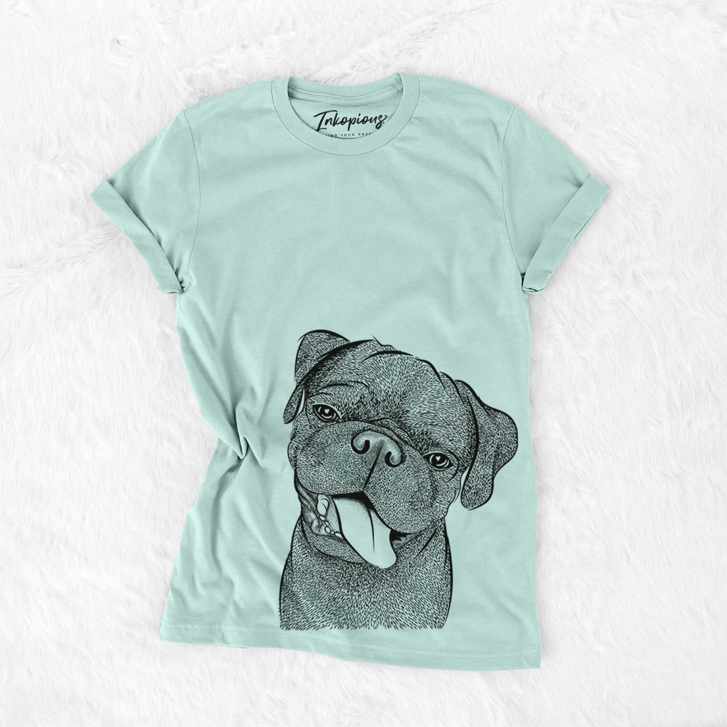 Hand-drawn sketch of Dudley Danger the Pug on a Heather Sage Bella Canvas Unisex Crewneck