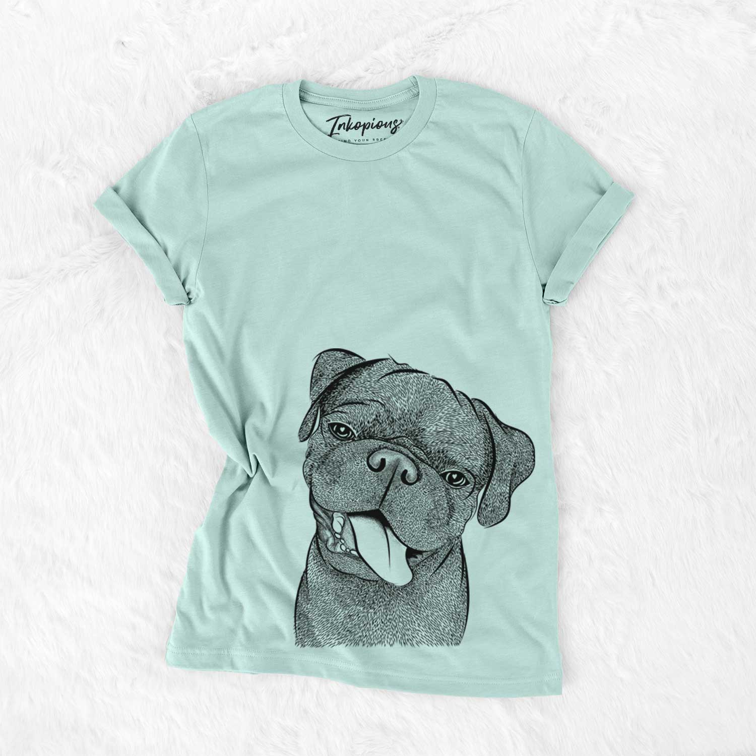Hand-drawn sketch of Dudley Danger the Pug on a Heather Sage Unisex crewneck