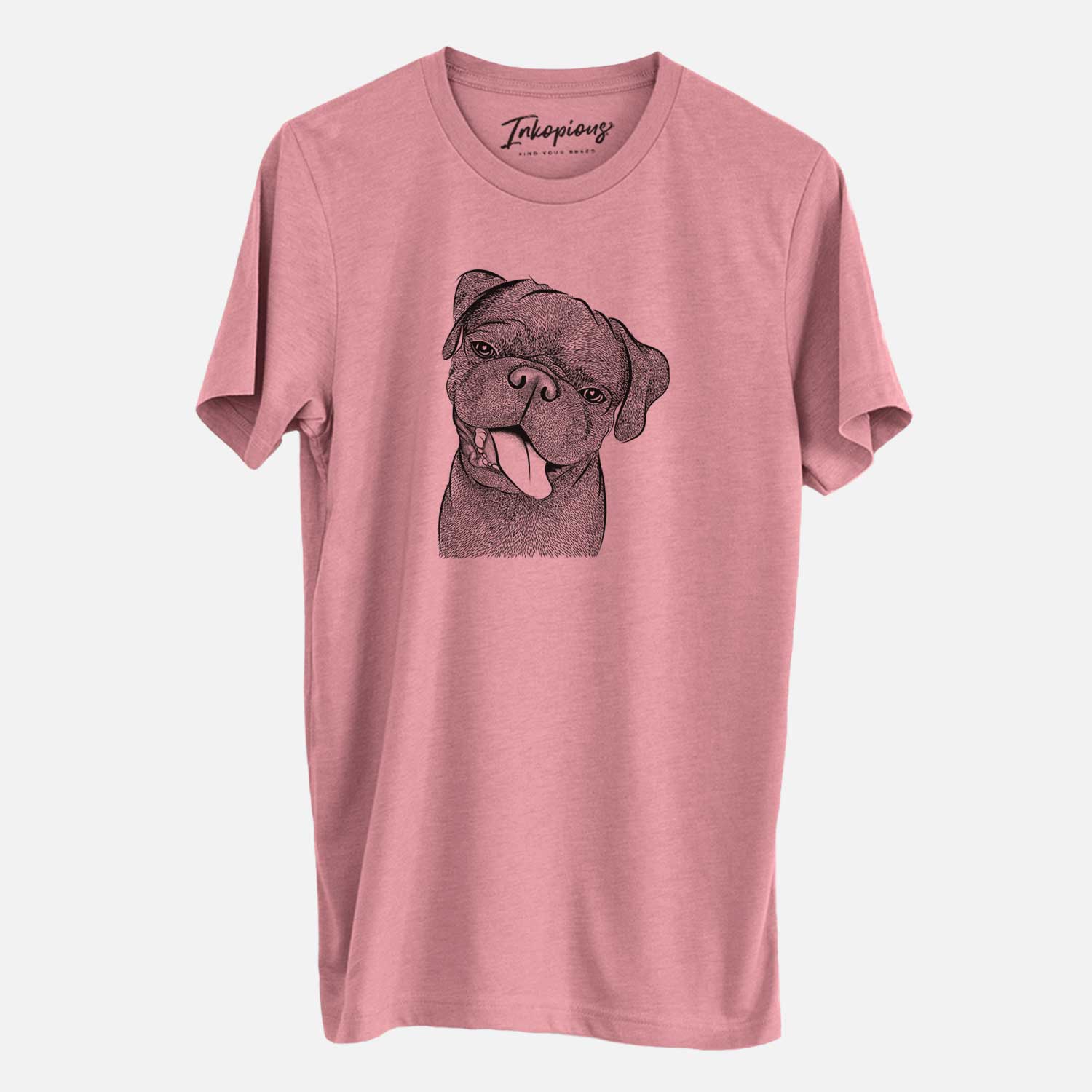 Hand-drawn sketch of Dudley Danger the Pug on a Mauve Unisex crewneck