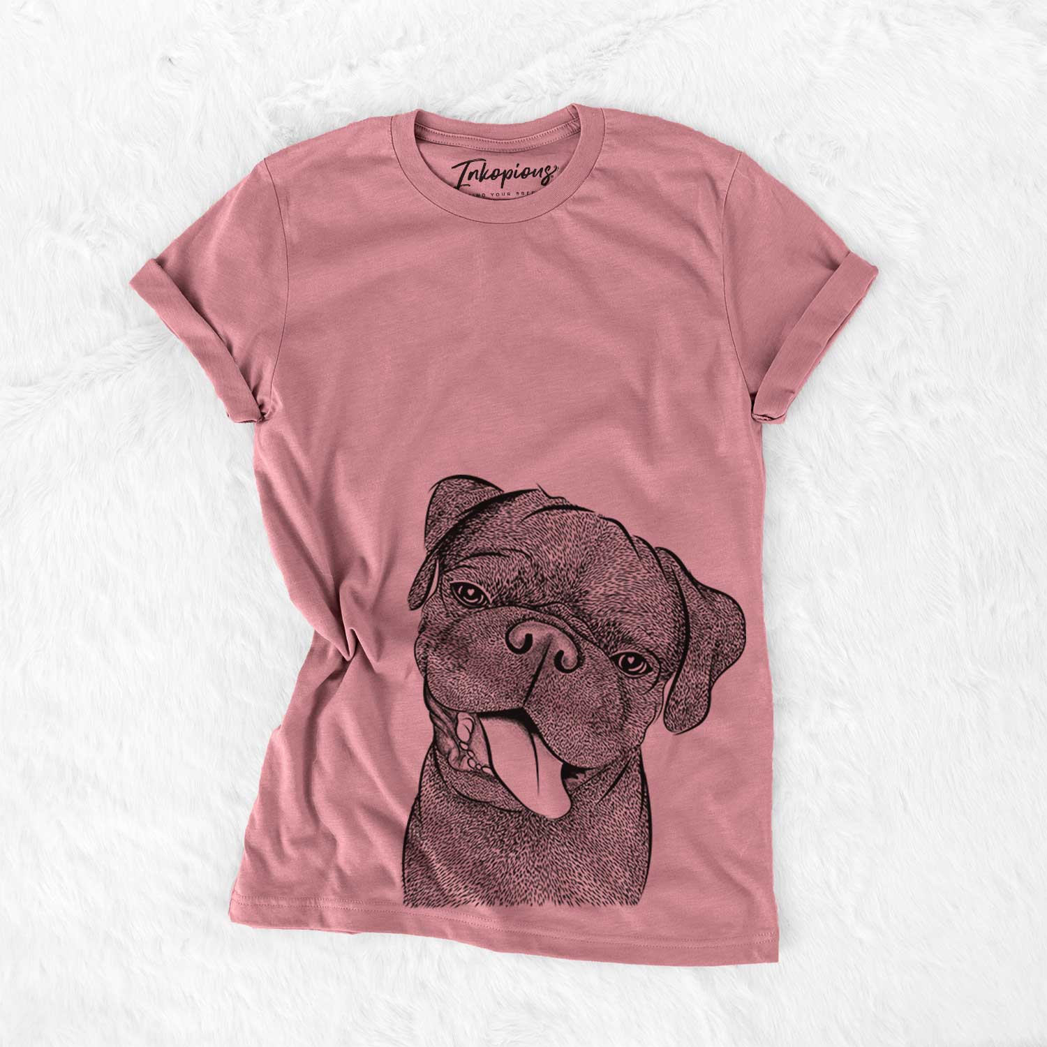 Hand-drawn sketch of Dudley Danger the Pug on a Mauve Bella Canvas Unisex Crewneck