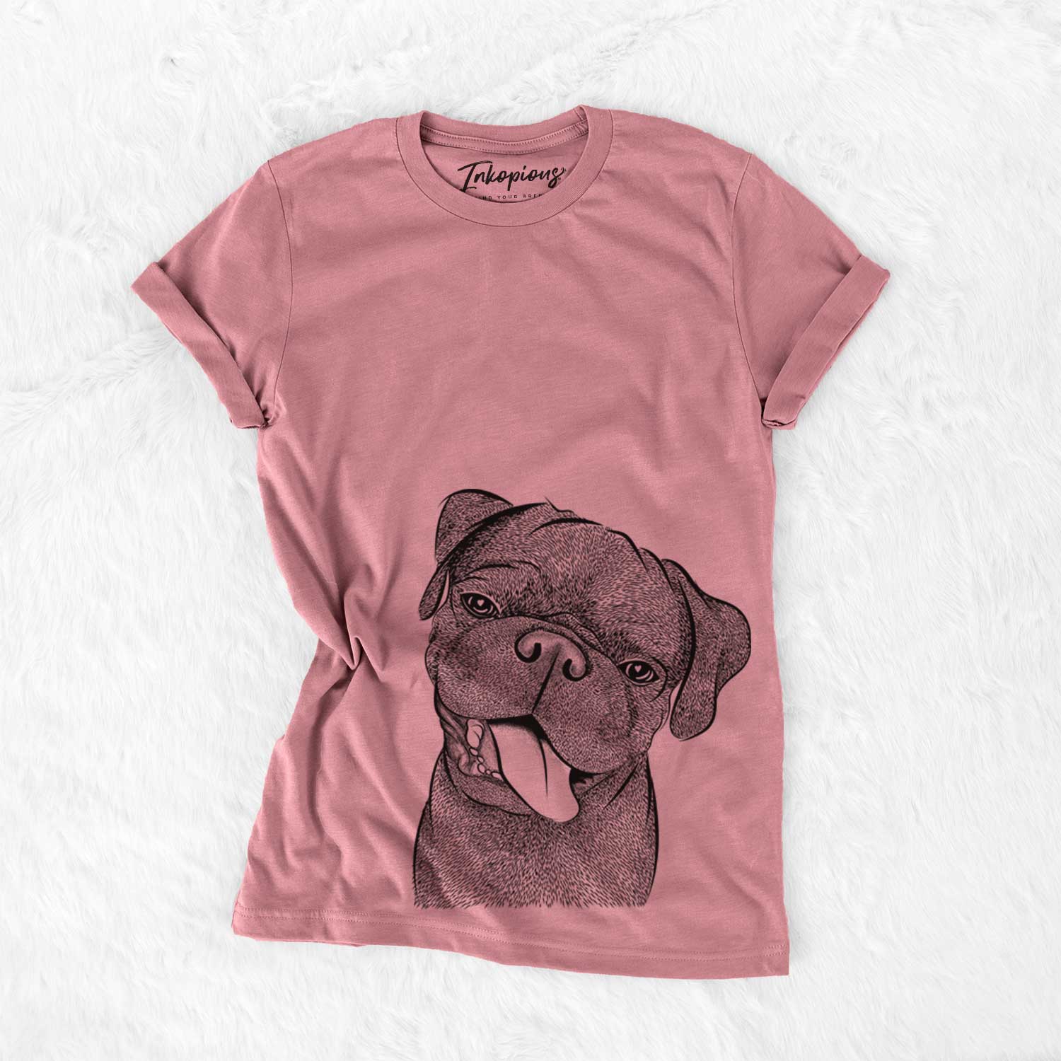 Hand-drawn sketch of Dudley Danger the Pug on a Mauve Unisex crewneck