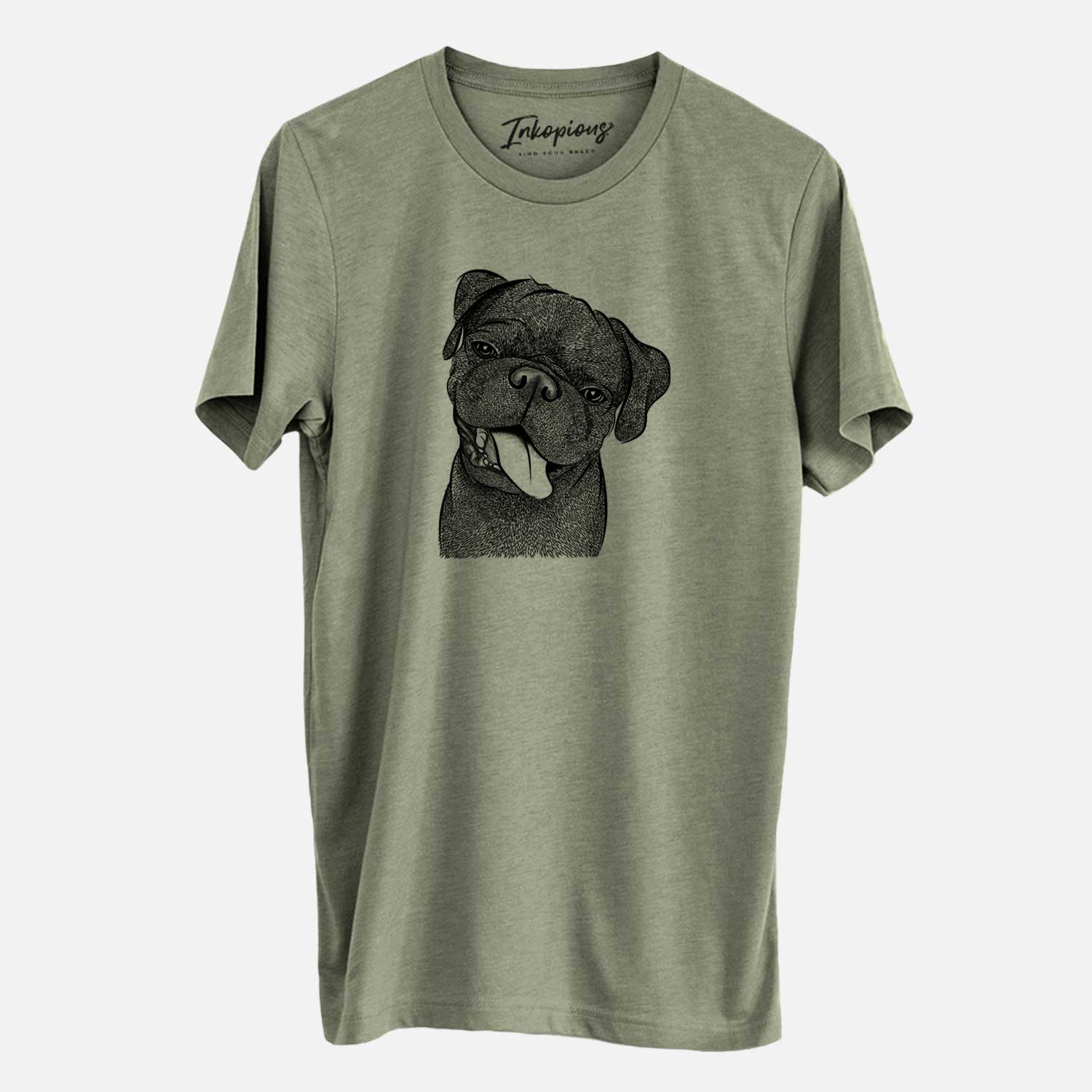 Hand-drawn sketch of Dudley Danger the Pug on an Olive Unisex crewneck