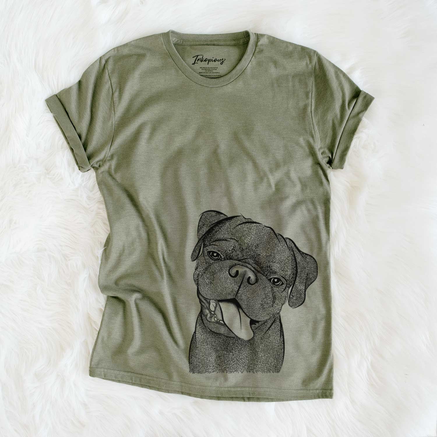 Hand-drawn sketch of Dudley Danger the Pug on an Olive Unisex crewneck