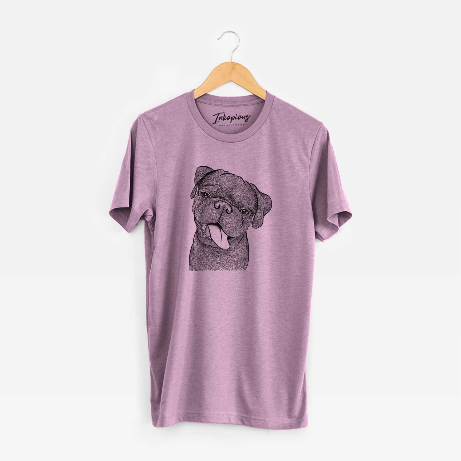 Hand-drawn sketch of Dudley Danger the Pug on an Orchid Unisex crewneck
