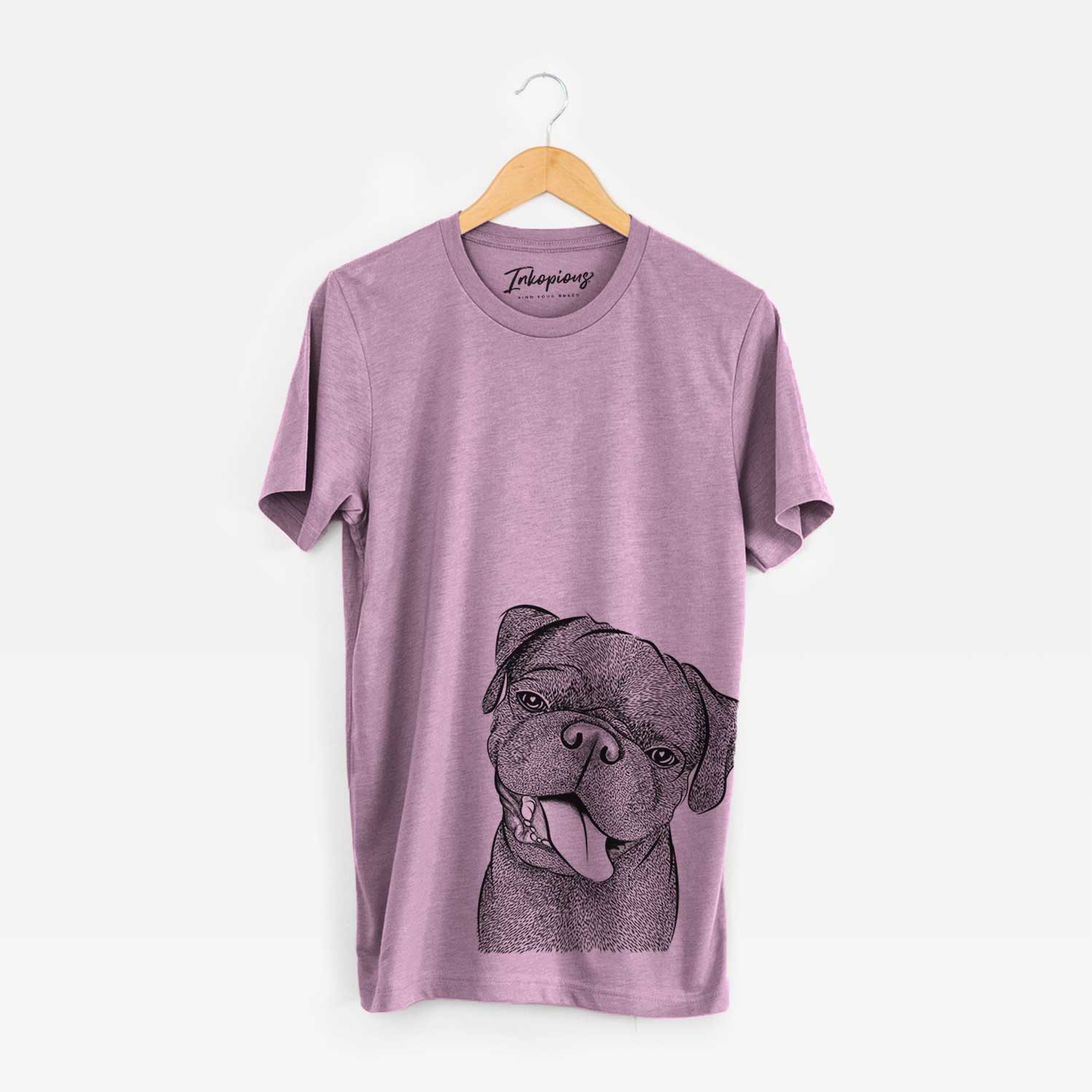 Hand-drawn sketch of Dudley Danger the Pug on an Orchid Bella Canvas Unisex Crewneck