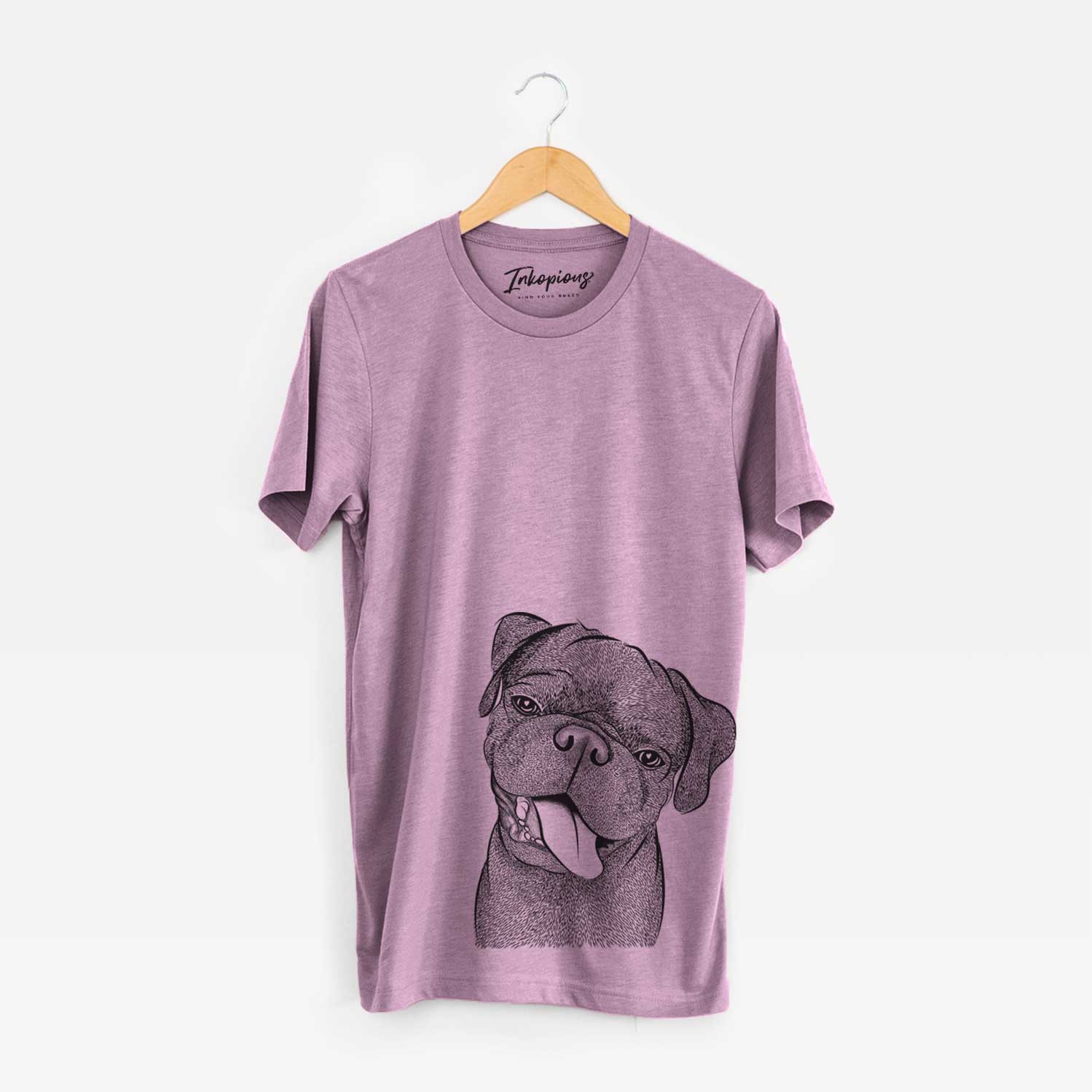 Hand-drawn sketch of Dudley Danger the Pug on an Orchid Unisex crewneck