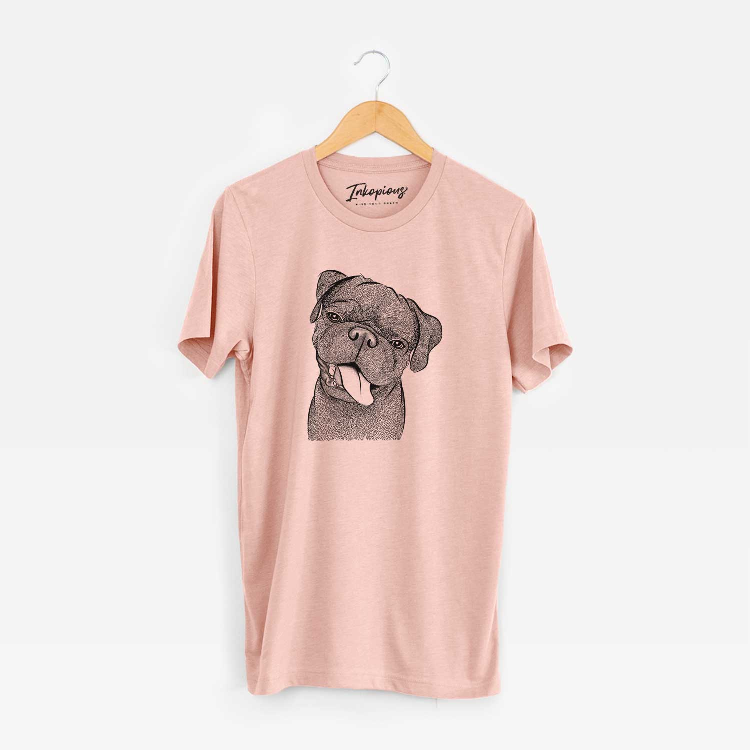 Hand-drawn sketch of Dudley Danger the Pug on a Peach Unisex crewneck
