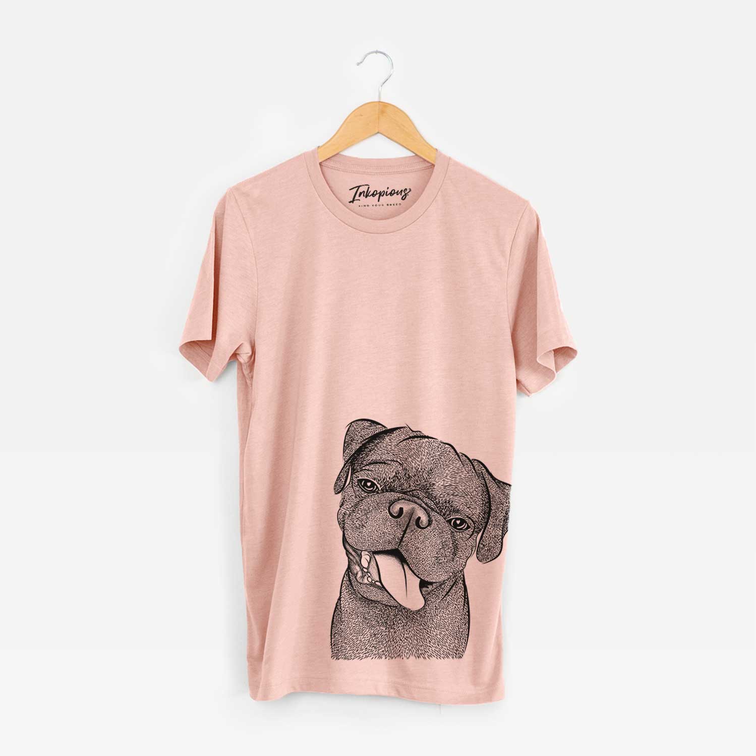 Hand-drawn sketch of Dudley Danger the Pug on a Peach Bella Canvas Unisex Crewneck