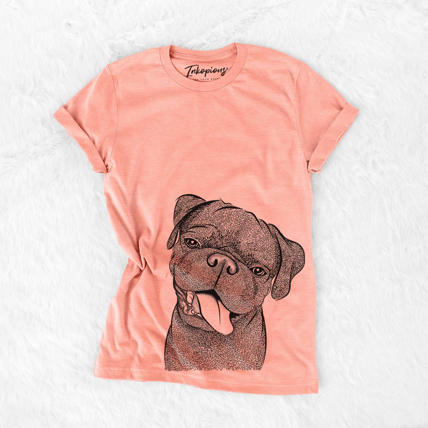 Hand-drawn sketch of Dudley Danger the Pug on a Sunset Bella Canvas Unisex Crewneck