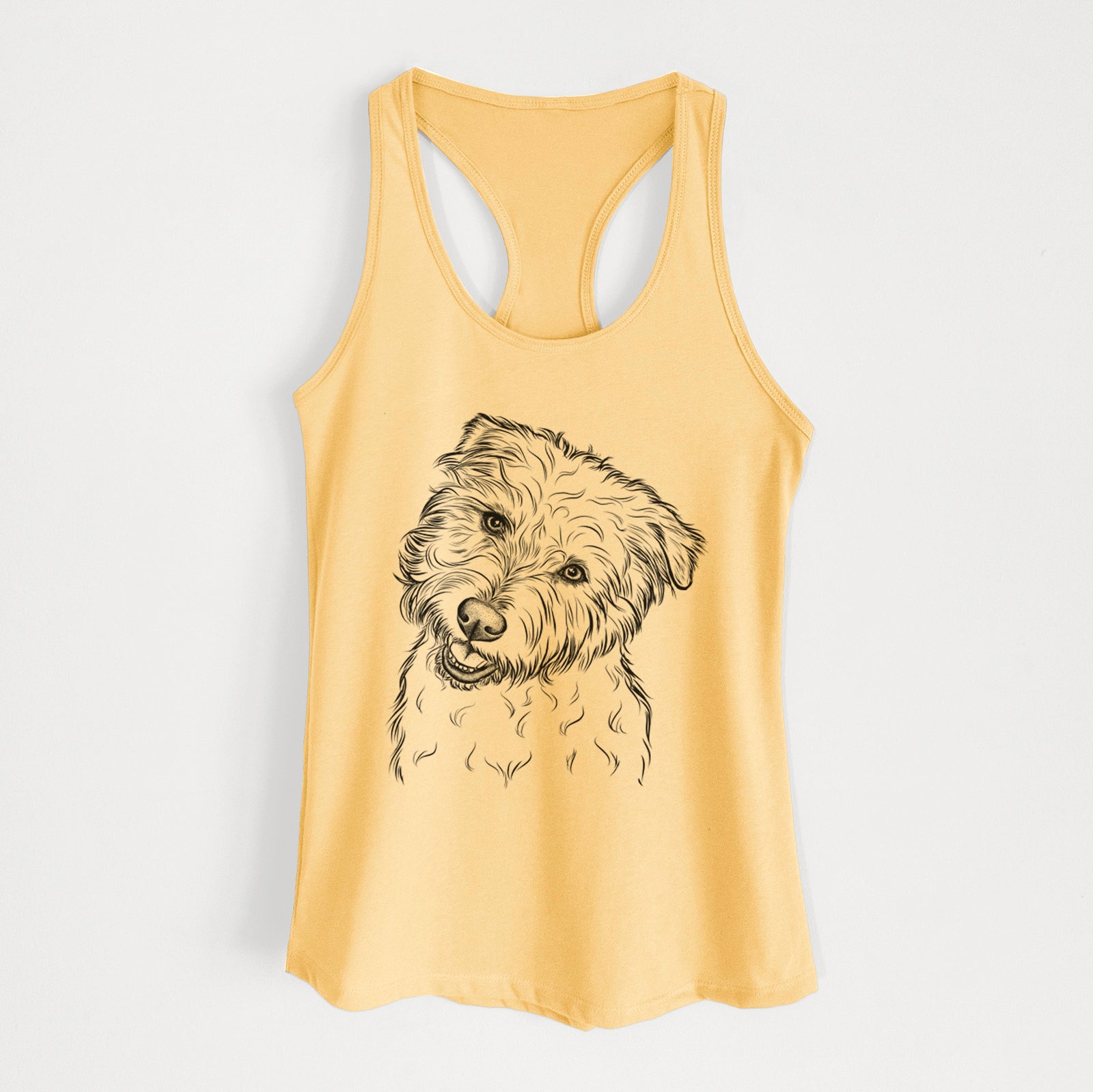 Hand-drawn sketch of Duffy the Glen of Imaal Terrier on a Banana Cream Women's racerback tanktop
