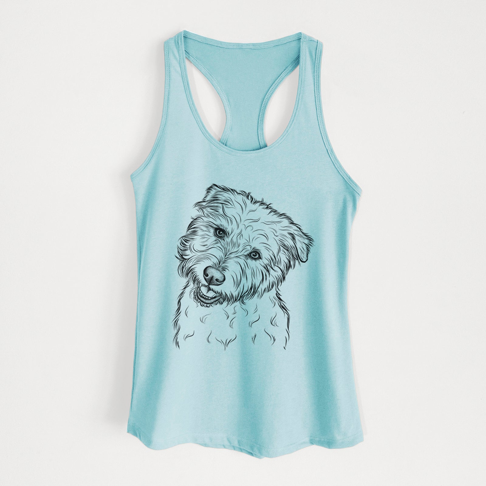Hand-drawn sketch of Duffy the Glen of Imaal Terrier on a Cancun Blue Women's racerback tanktop