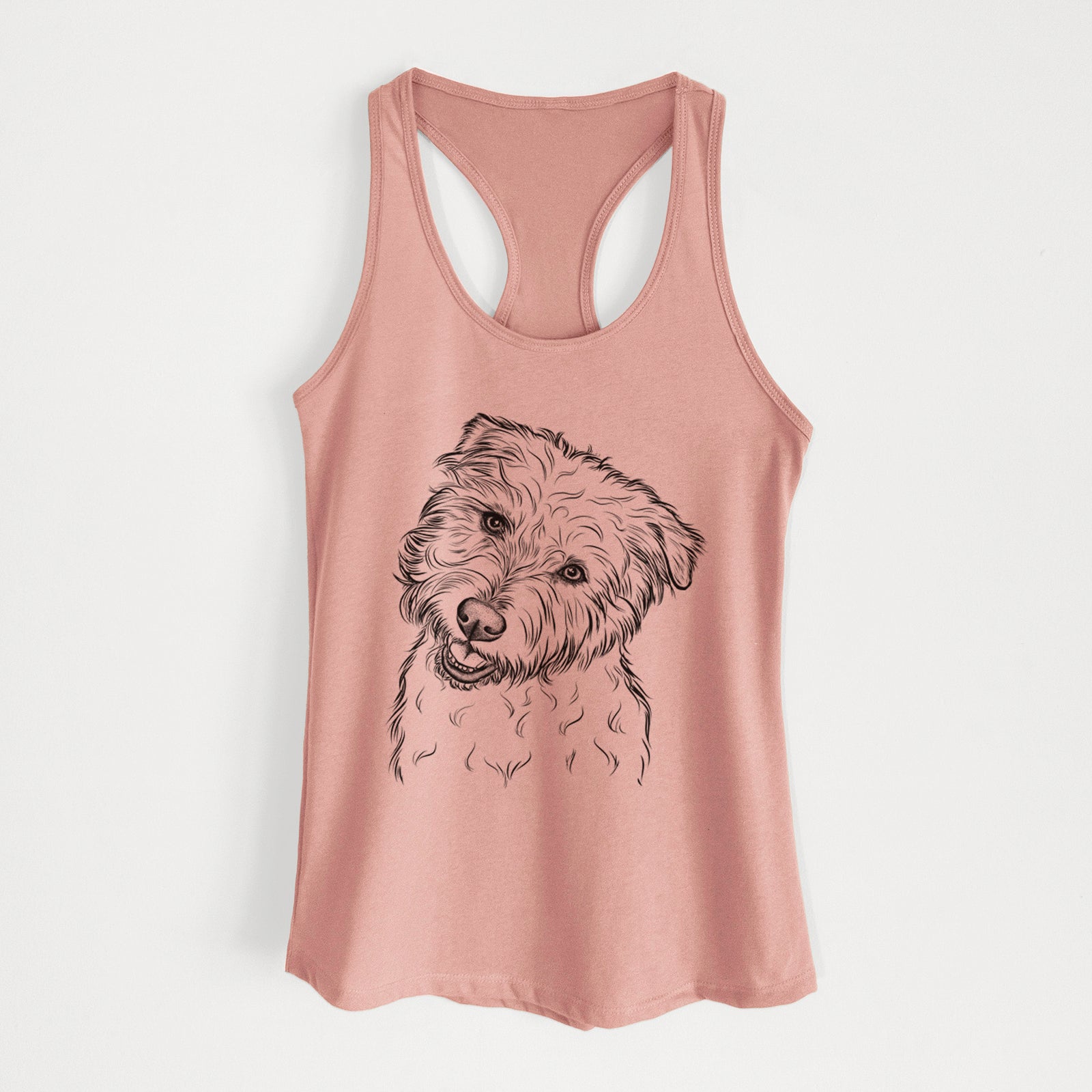 Hand-drawn sketch of Duffy the Glen of Imaal Terrier on a Desert Pink Women's racerback tanktop