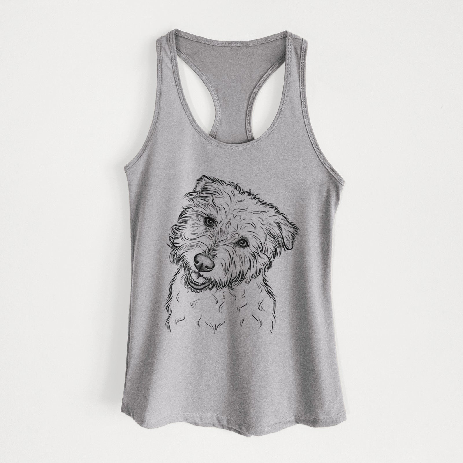 Hand-drawn sketch of Duffy the Glen of Imaal Terrier on a Heather Grey Women's racerback tanktop