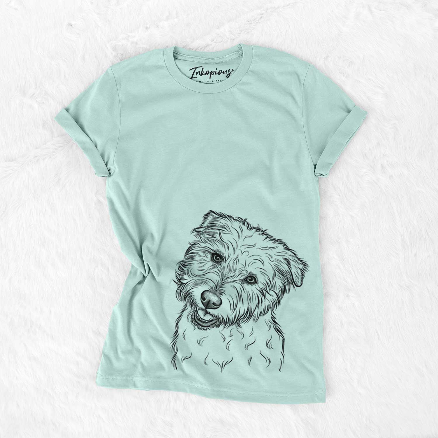 Hand-drawn sketch of Duffy the Glen of Imaal Terrier on a Heather Sage Unisex crewneck
