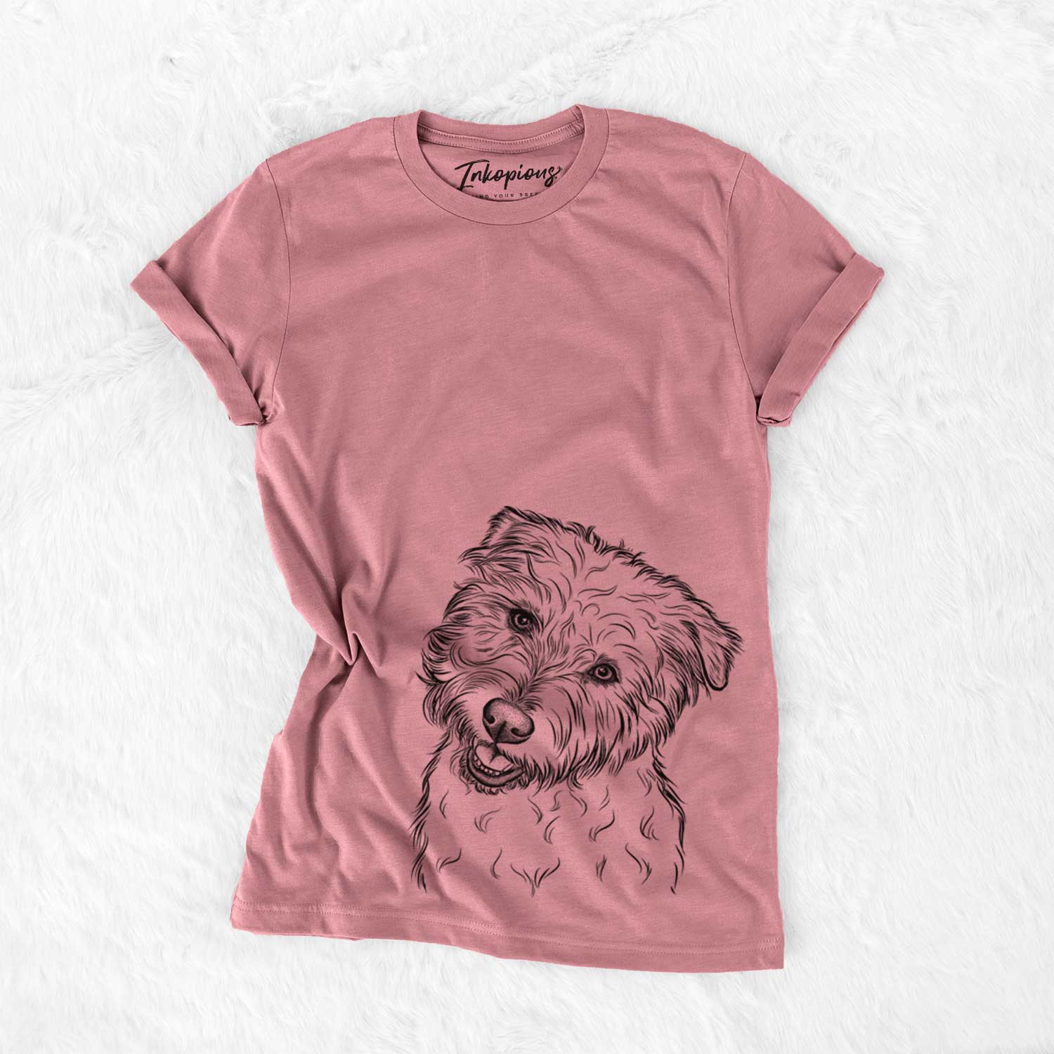 Hand-drawn sketch of Duffy the Glen of Imaal Terrier on a Mauve Unisex crewneck
