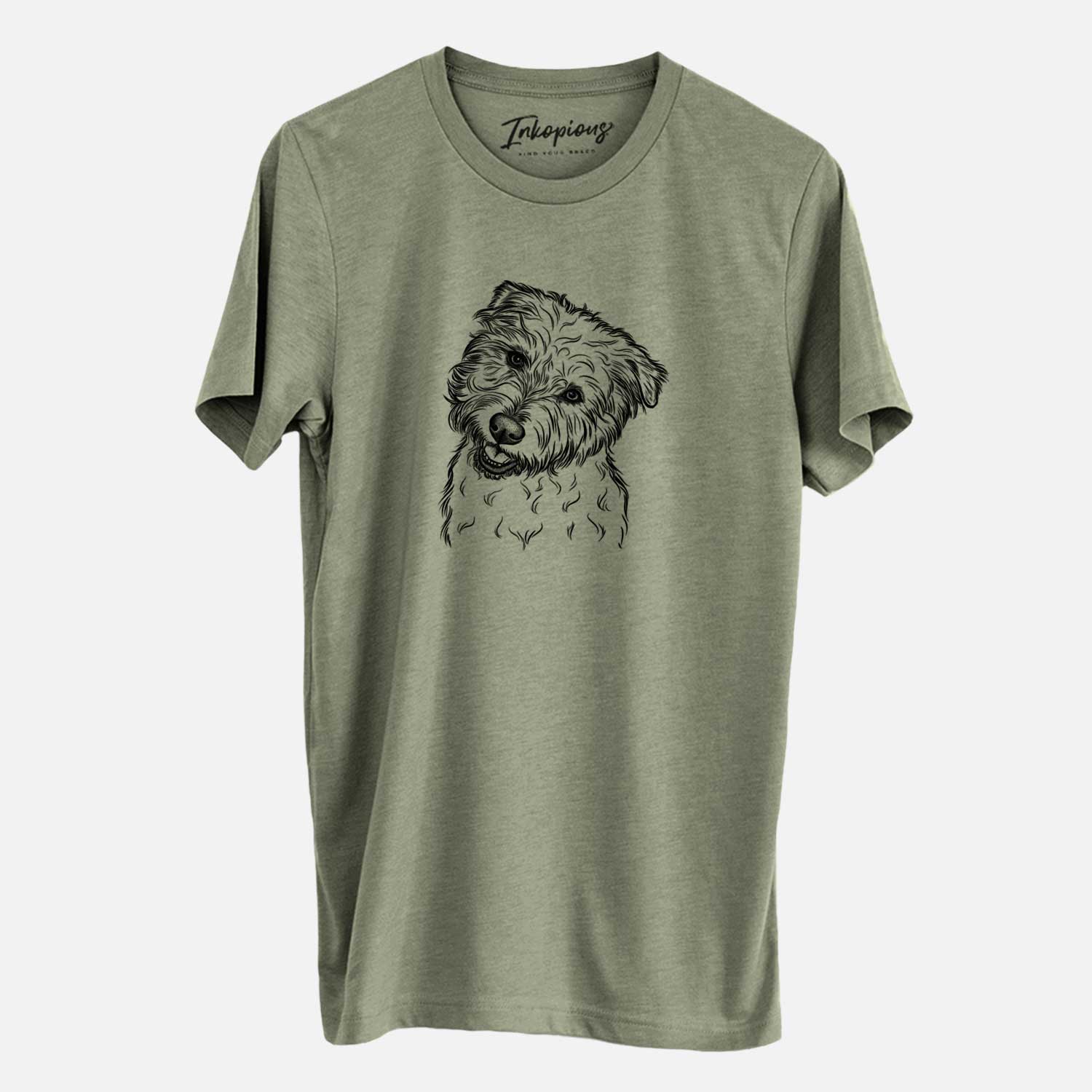 Hand-drawn sketch of Duffy the Glen of Imaal Terrier on an Olive Unisex crewneck