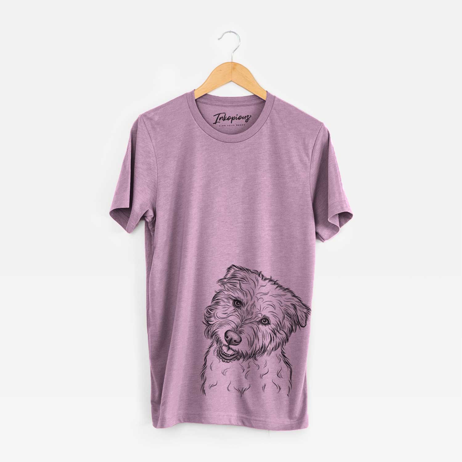 Hand-drawn sketch of Duffy the Glen of Imaal Terrier on an Orchid Unisex crewneck