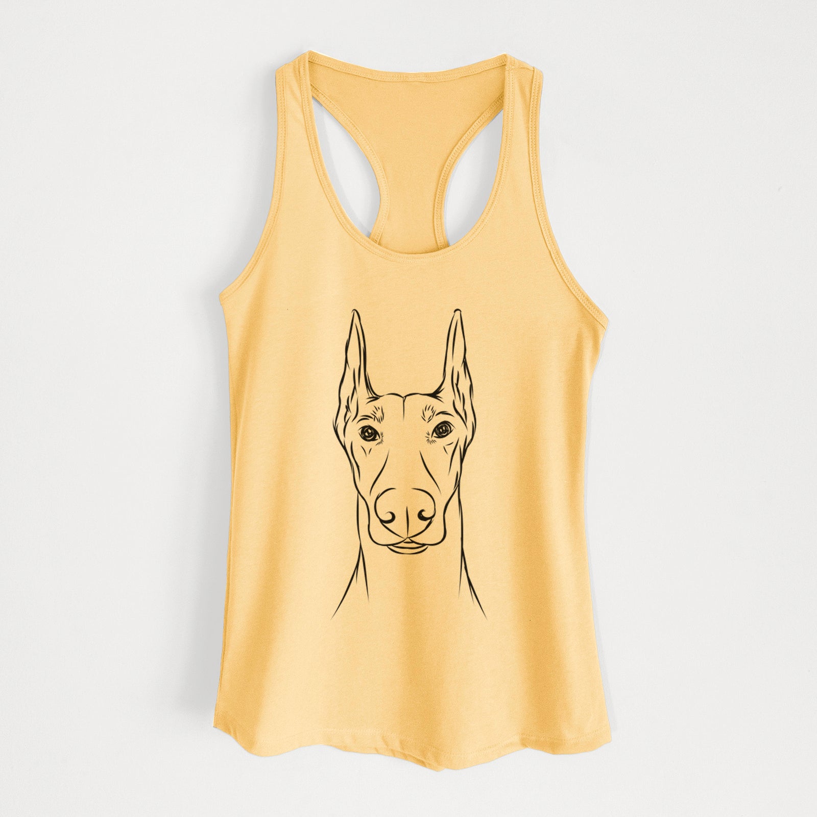 Hand-drawn sketch of Duke the Doberman Pinscher on a Banana Cream Women's racerback tanktop