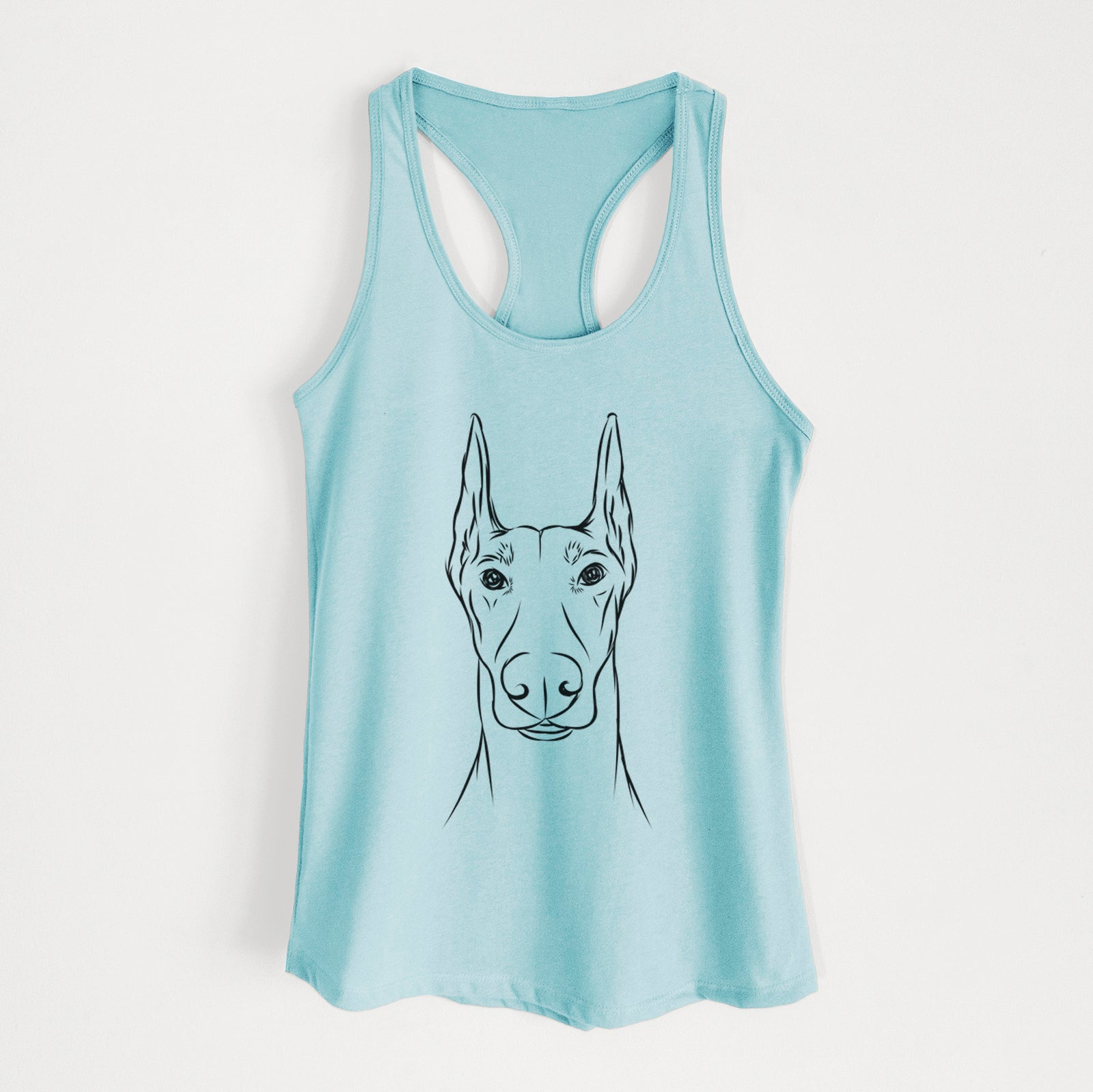 Hand-drawn sketch of Duke the Doberman Pinscher on a Cancun Blue Women's racerback tanktop