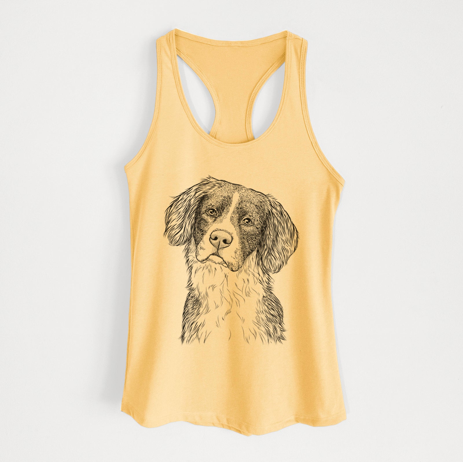 Hand-drawn sketch of Dulce the Drentsche Patrijshond on a Banana Cream Women's racerback tanktop
