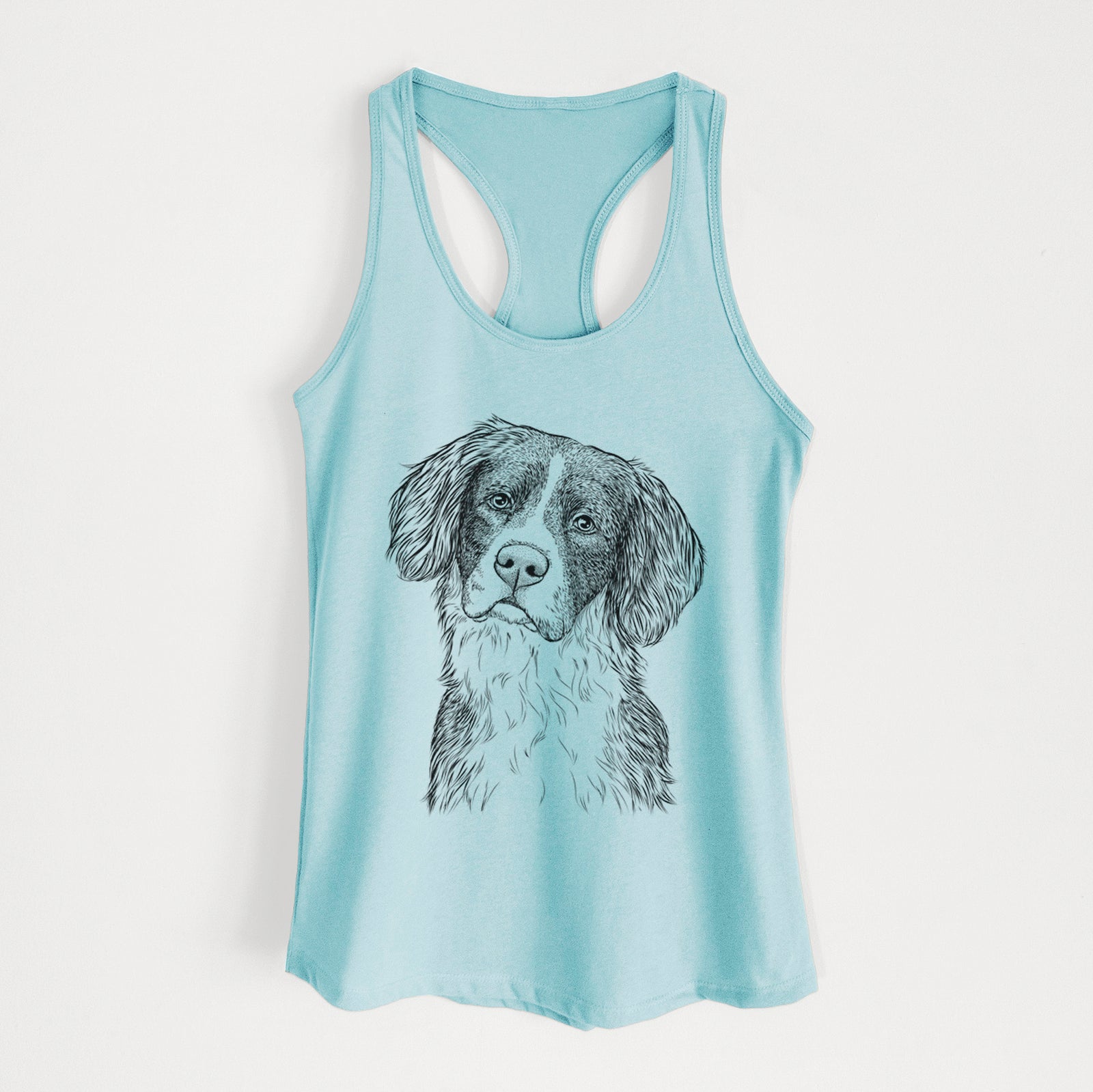 Hand-drawn sketch of Dulce the Drentsche Patrijshond on a Cancun Blue Women's racerback tanktop