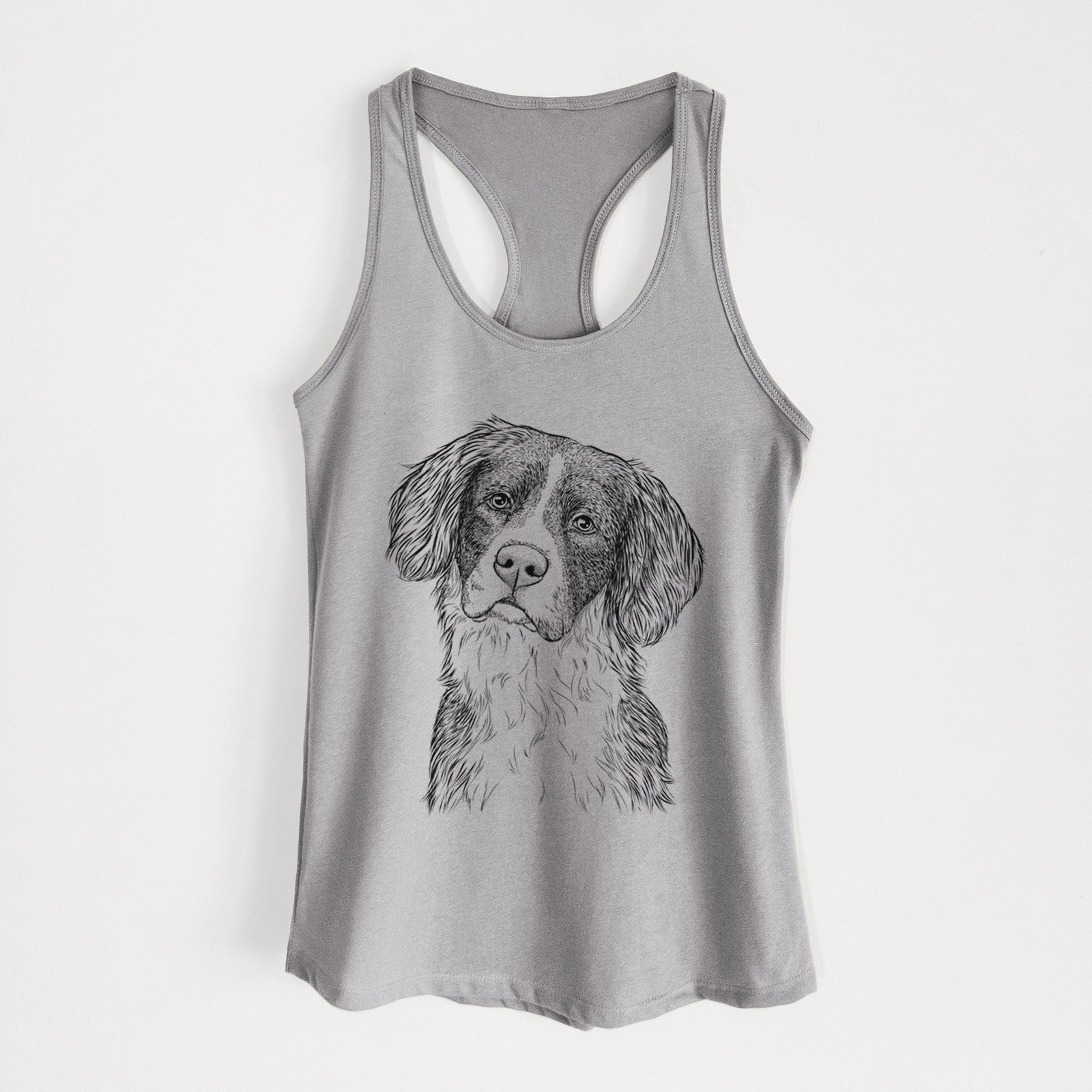 Hand-drawn sketch of Dulce the Drentsche Patrijshond on a Heather Grey Women's racerback tanktop