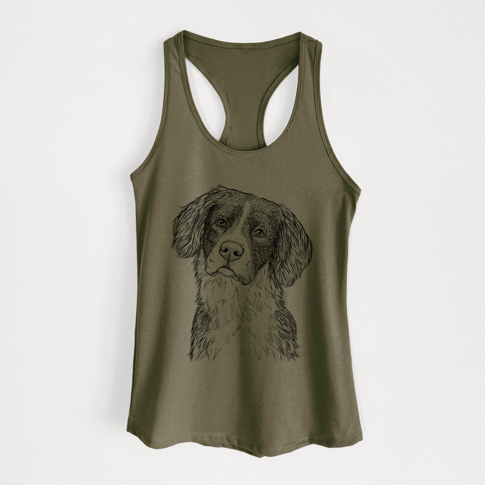 Hand-drawn sketch of Dulce the Drentsche Patrijshond on a Military Green Women's racerback tanktop