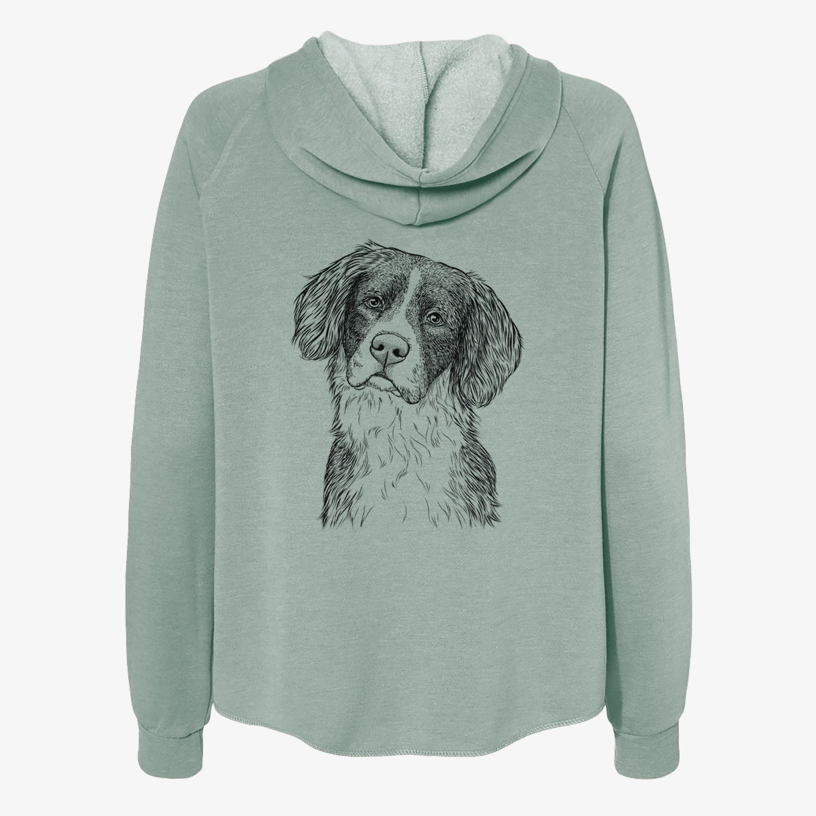 Hand-drawn sketch of Dulce the Drentsche Patrijshond on a Sage Women's cali wave zip-up sweatshirt