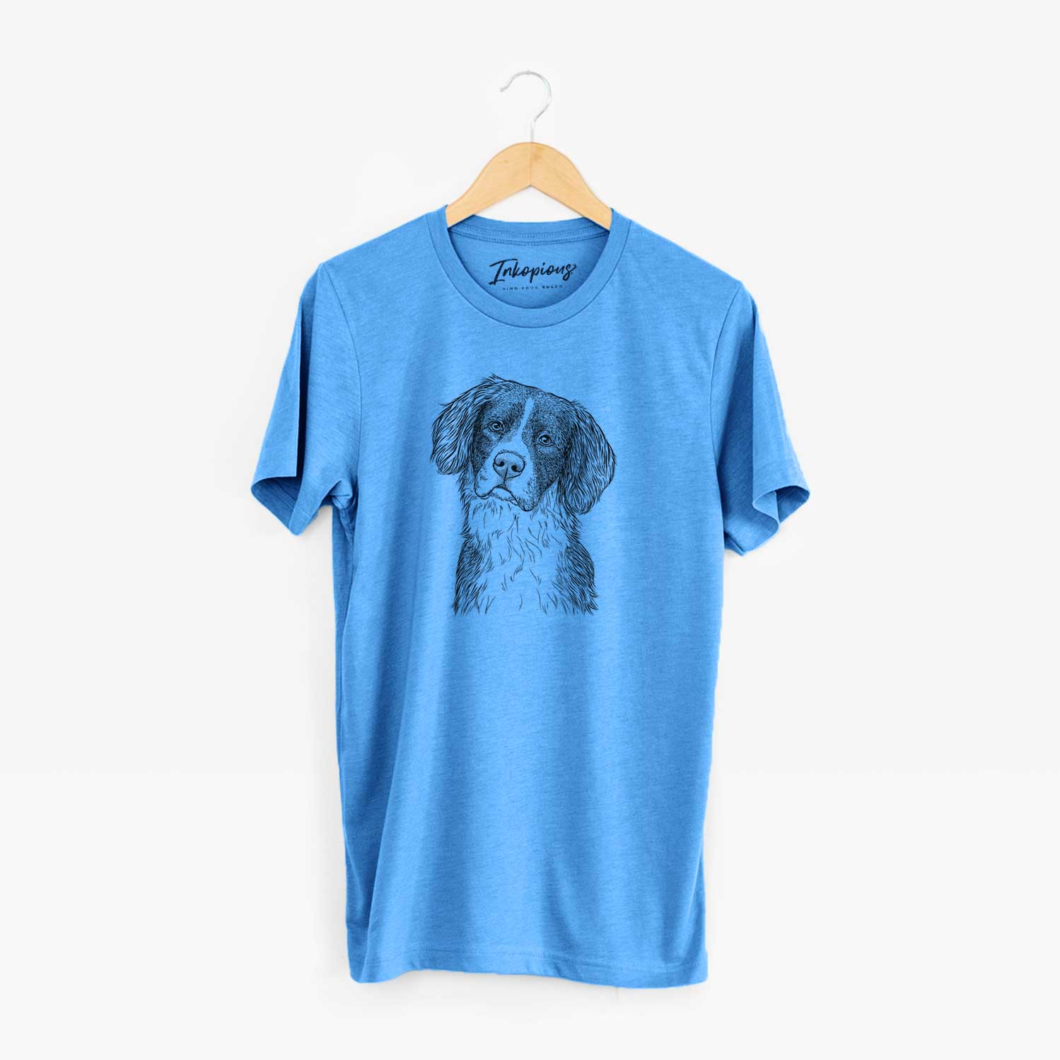 Hand-drawn sketch of Dulce the Drentsche Patrijshond on a Blue Unisex crewneck