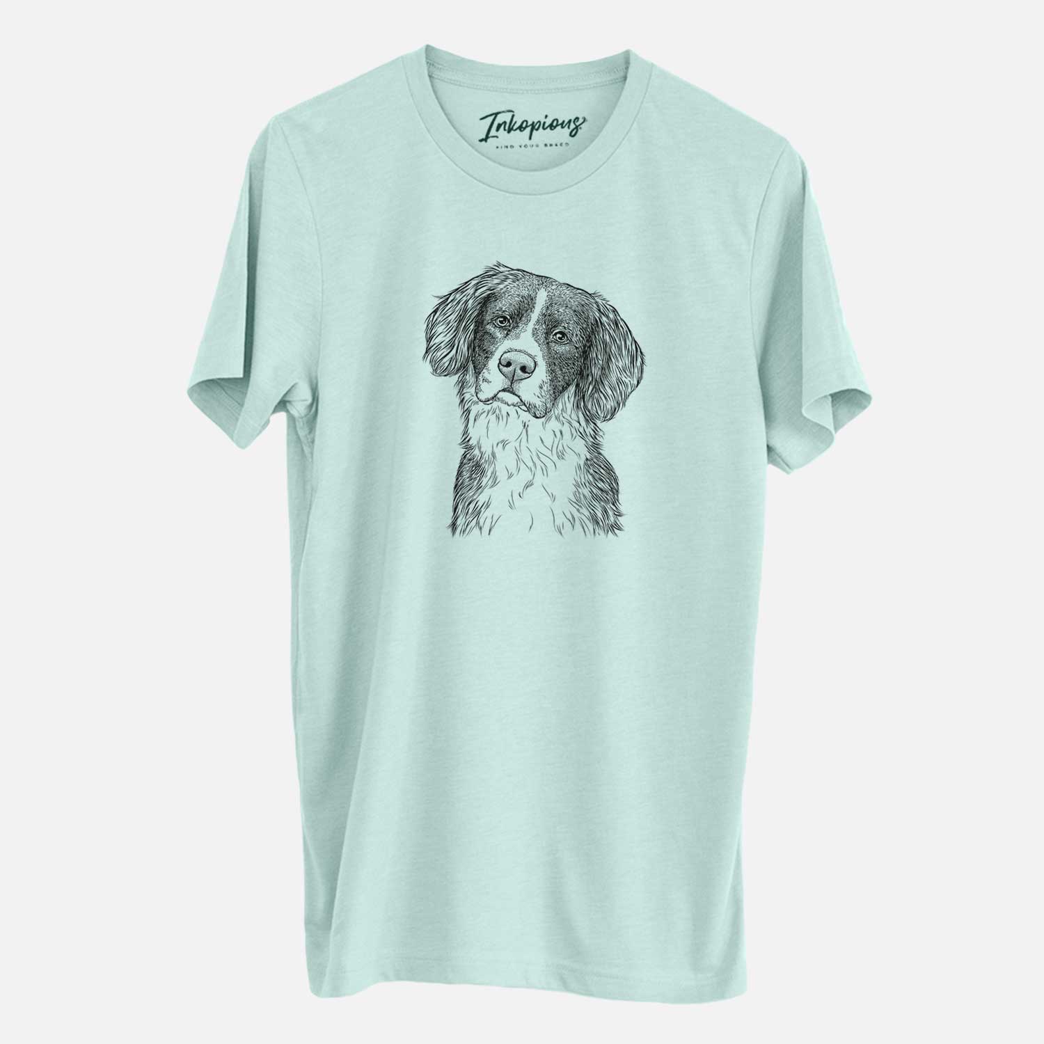 Hand-drawn sketch of Dulce the Drentsche Patrijshond on a Heather Sage Unisex crewneck