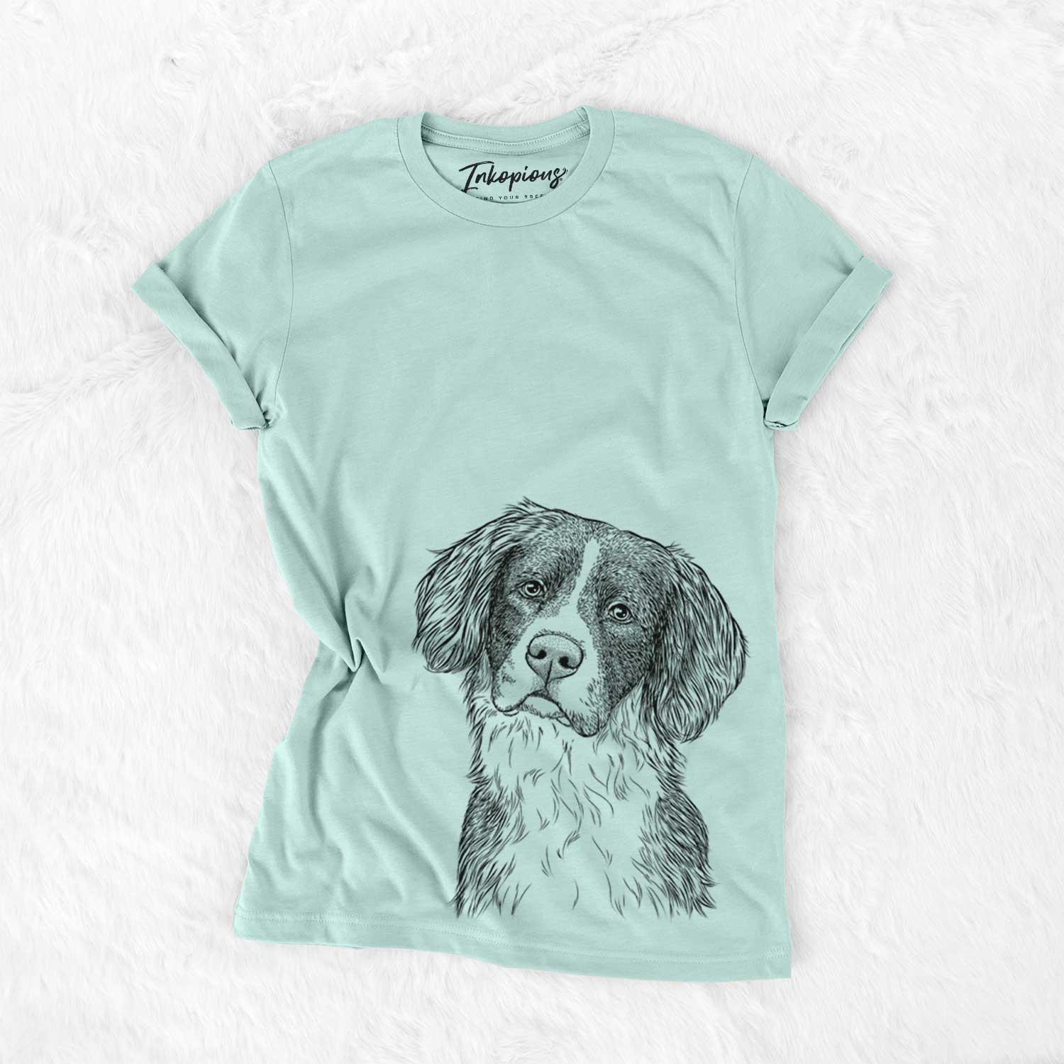Hand-drawn sketch of Dulce the Drentsche Patrijshond on a Heather Sage Unisex crewneck