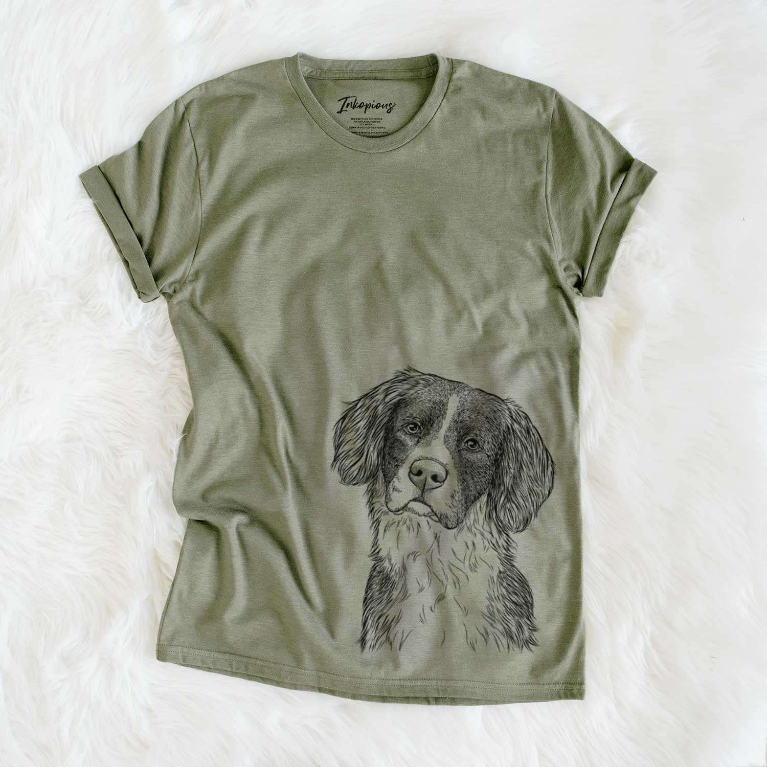 Hand-drawn sketch of Dulce the Drentsche Patrijshond on an Olive Unisex crewneck