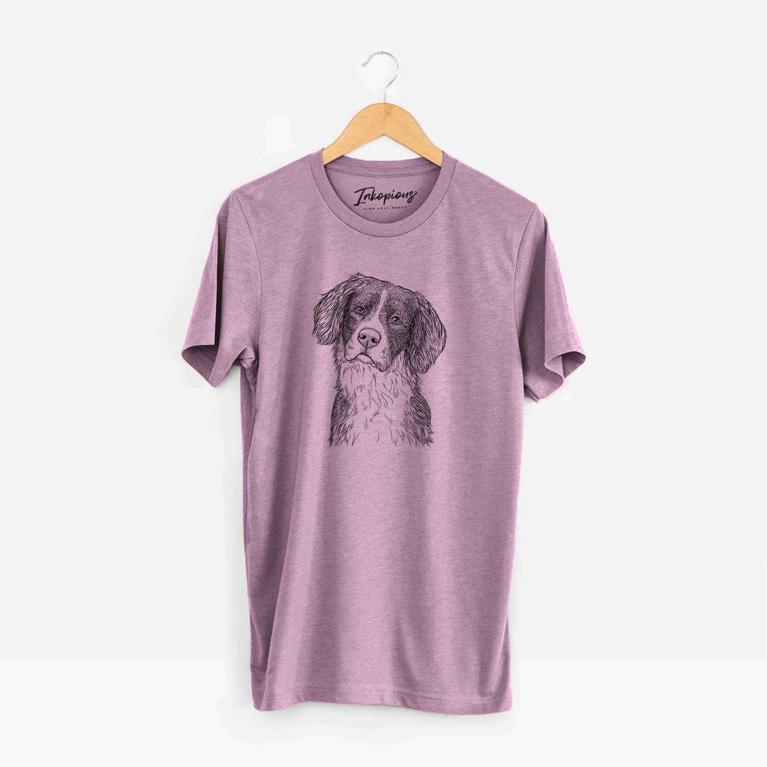 Hand-drawn sketch of Dulce the Drentsche Patrijshond on an Orchid Unisex crewneck