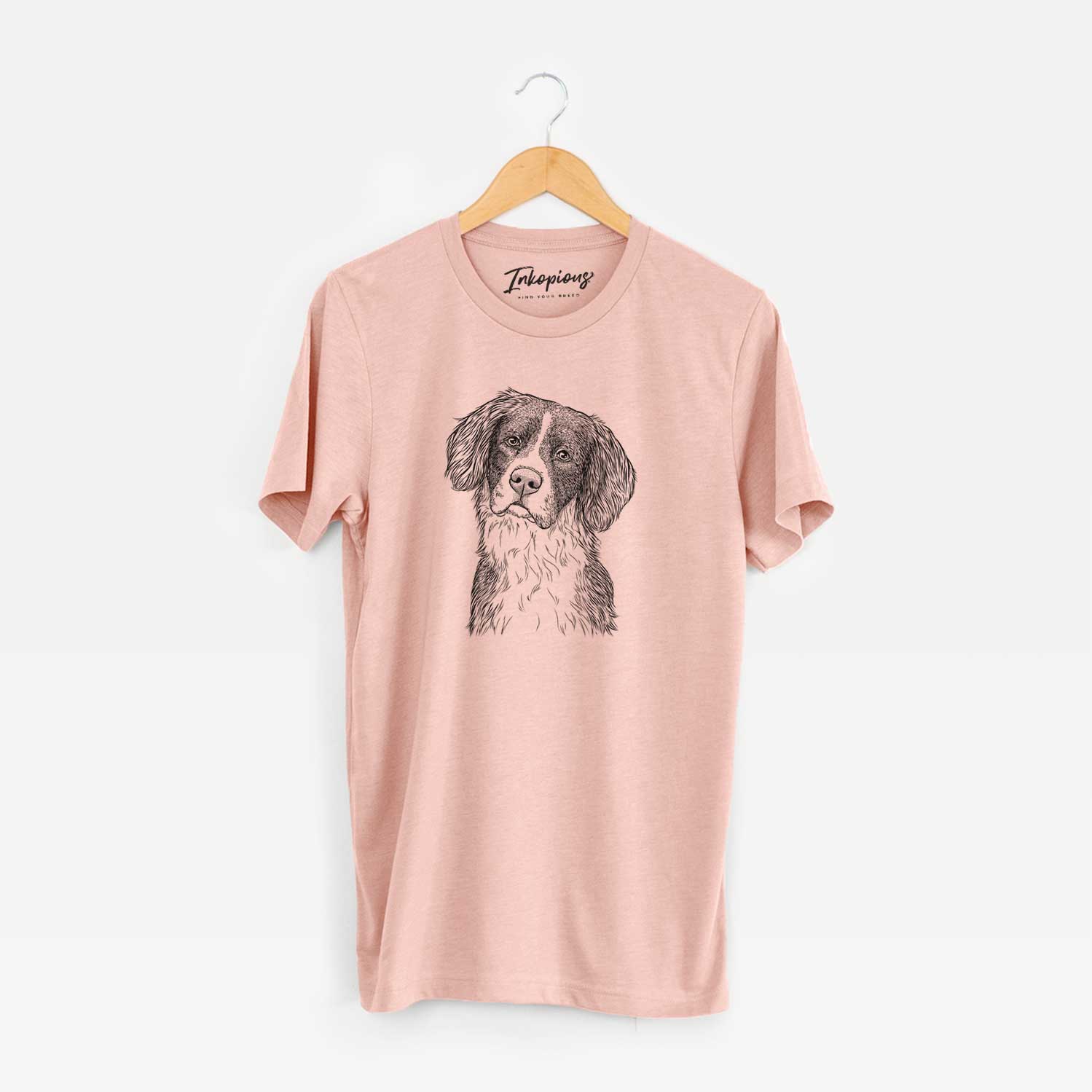 Hand-drawn sketch of Dulce the Drentsche Patrijshond on a Peach Unisex crewneck