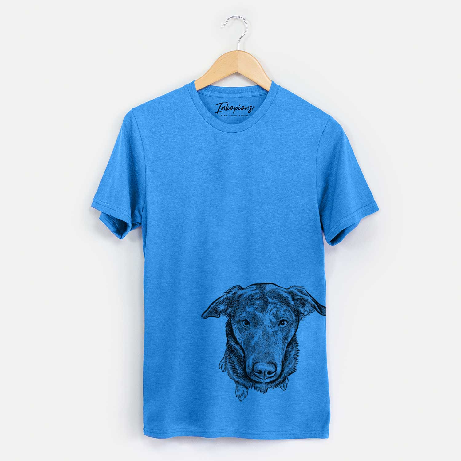 Hand-drawn sketch of Echo the Pitbull Beagle Mix on a Blue Unisex crewneck