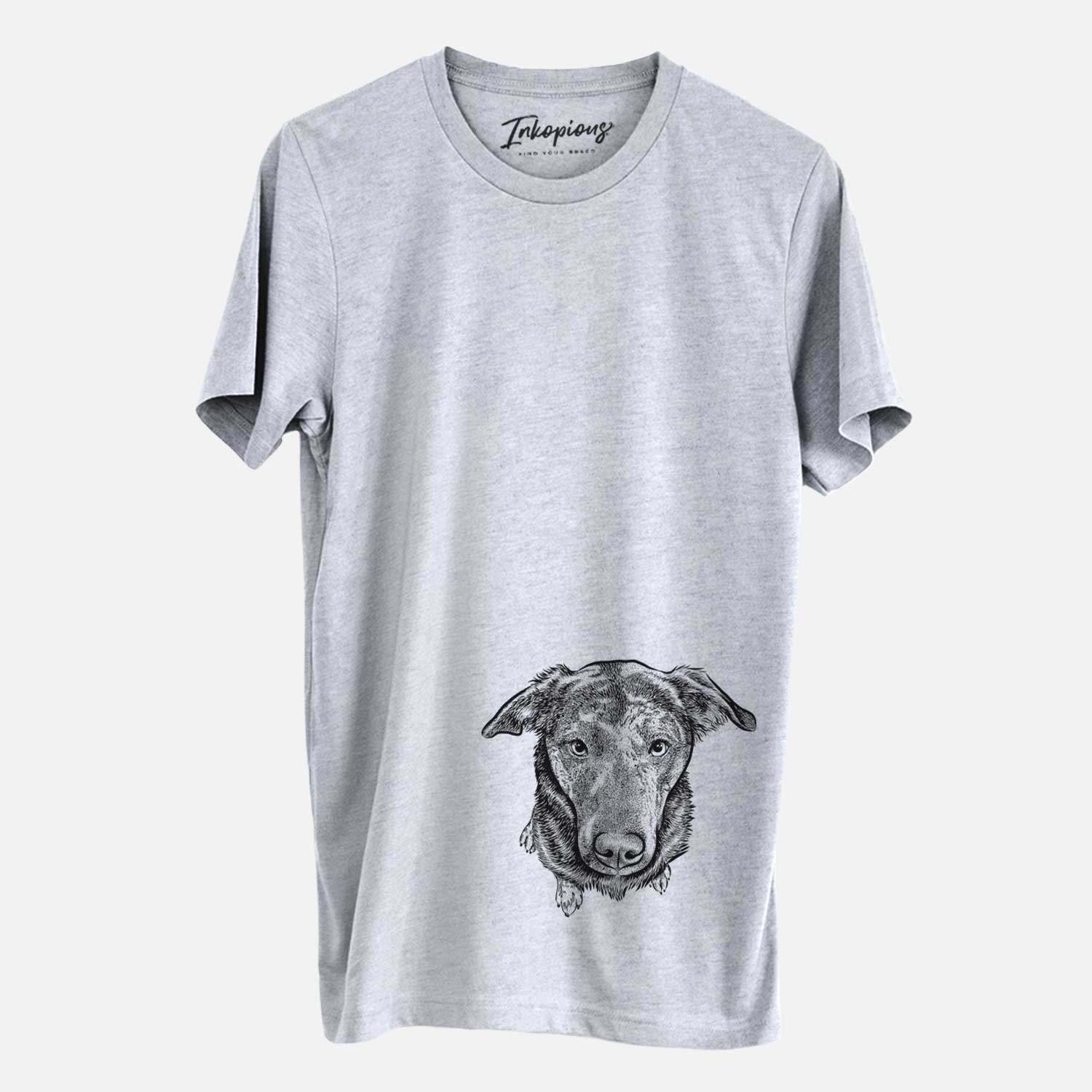 Hand-drawn sketch of Echo the Pitbull Beagle Mix on a Grey Unisex crewneck