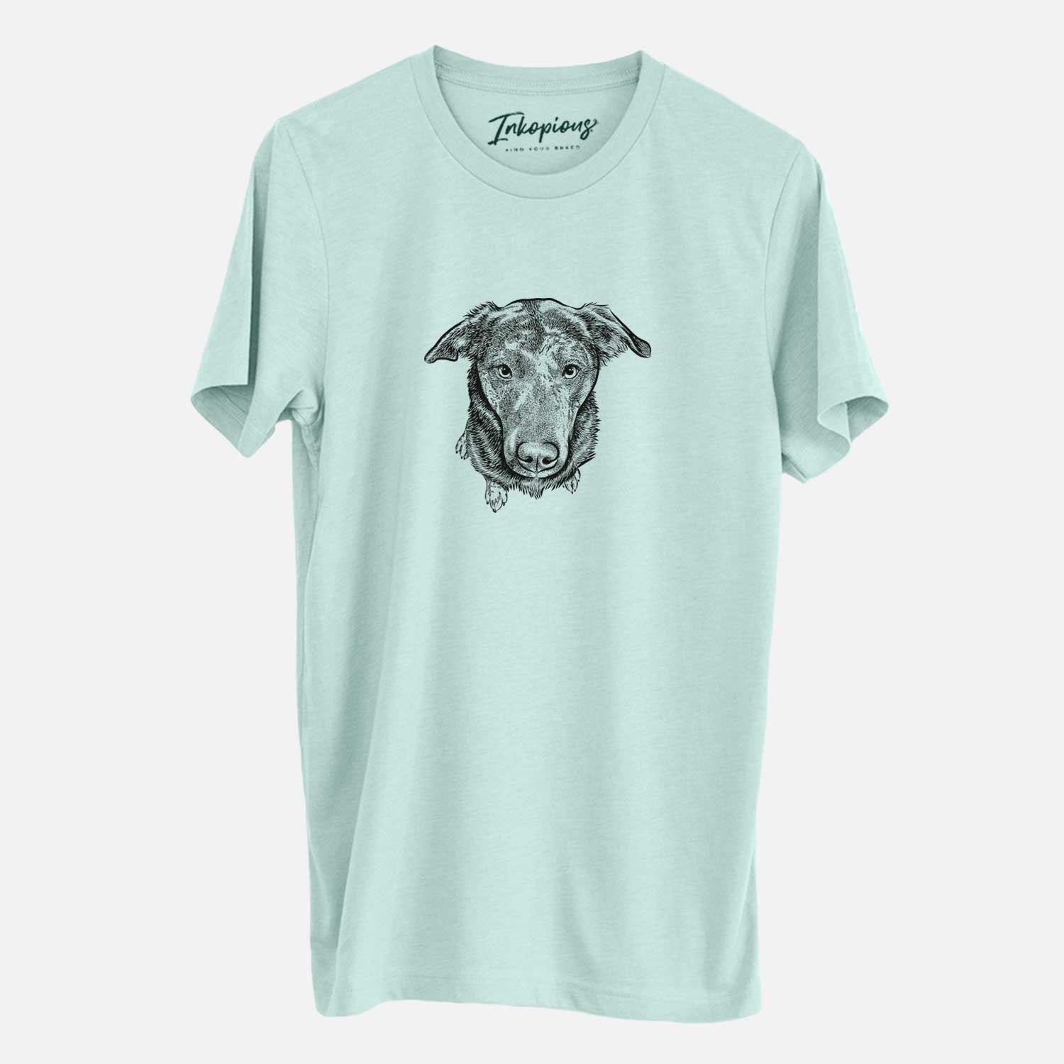 Hand-drawn sketch of Echo the Pitbull Beagle Mix on a Heather Sage Unisex crewneck