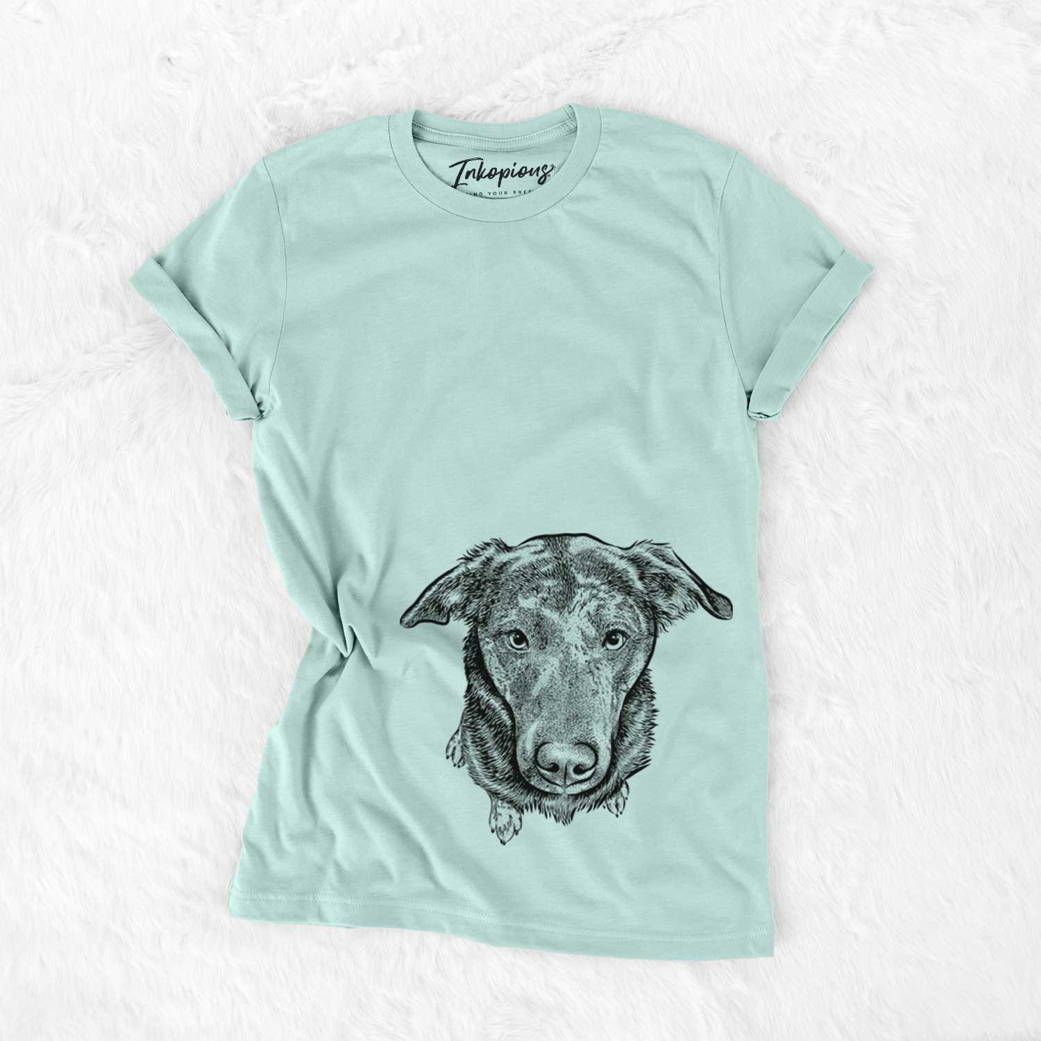 Hand-drawn sketch of Echo the Pitbull Beagle Mix on a Heather Sage Unisex crewneck