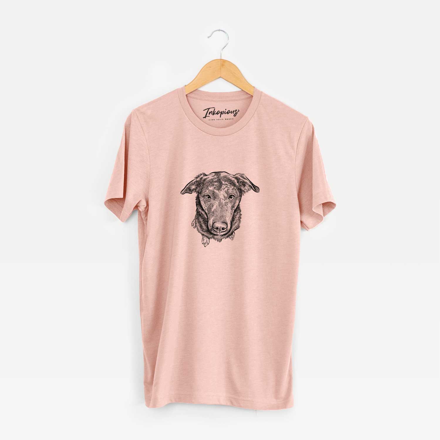 Hand-drawn sketch of Echo the Pitbull Beagle Mix on a Peach Unisex crewneck