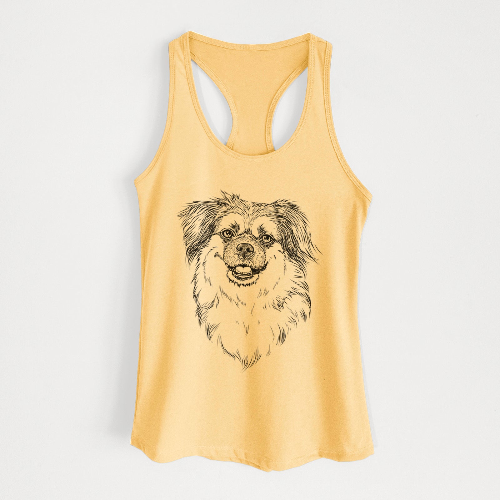Hand-drawn sketch of Ed the Tibetan Spaniel on a Banana Cream Women's racerback tanktop
