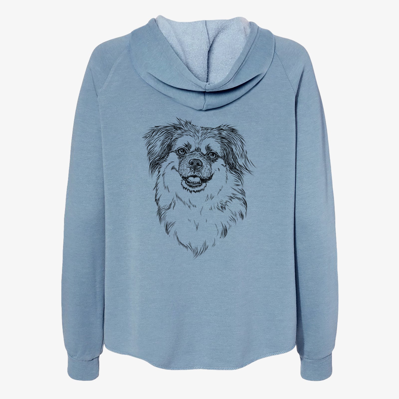 Hand-drawn sketch of Ed the Tibetan Spaniel on a Misty Blue Women's cali wave zip-up sweatshirt