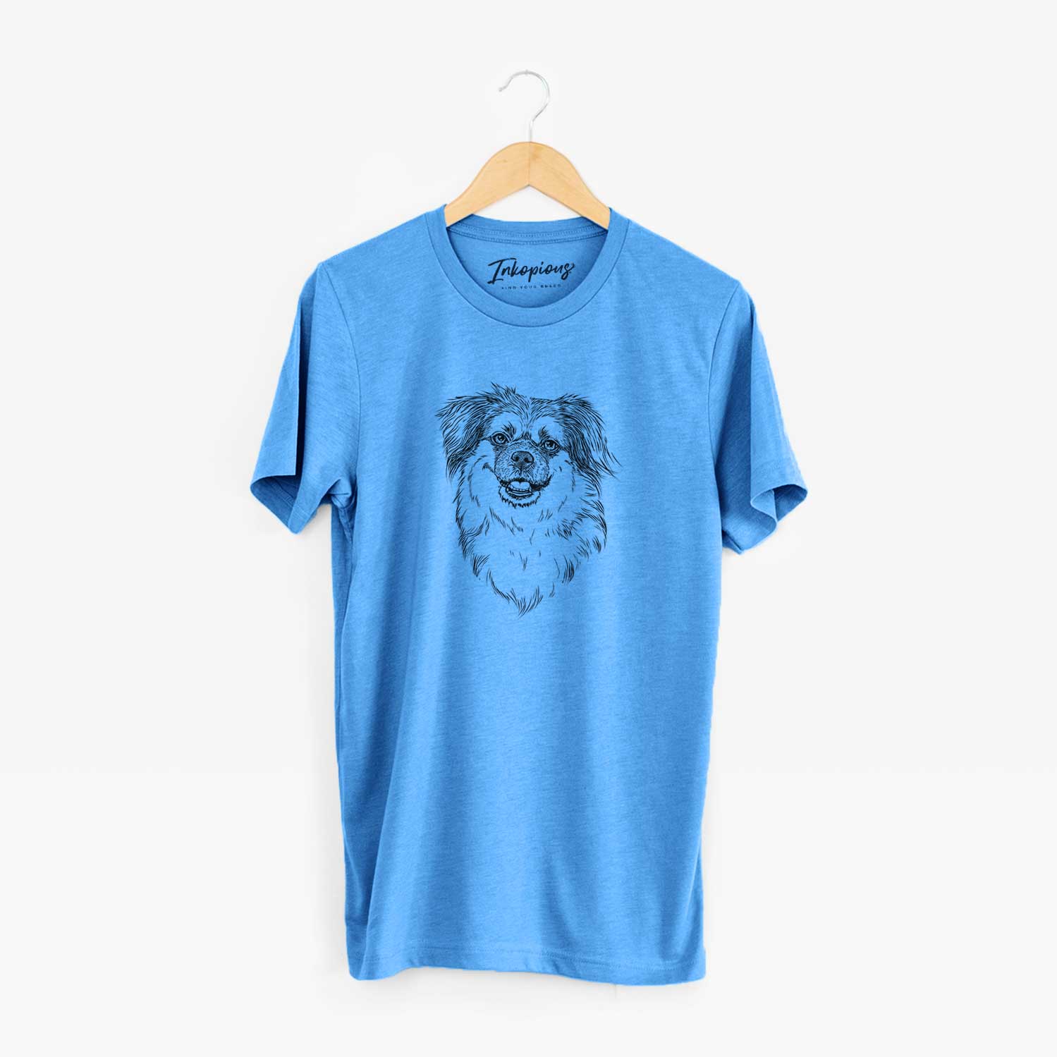Hand-drawn sketch of Ed the Tibetan Spaniel on a Blue Unisex crewneck