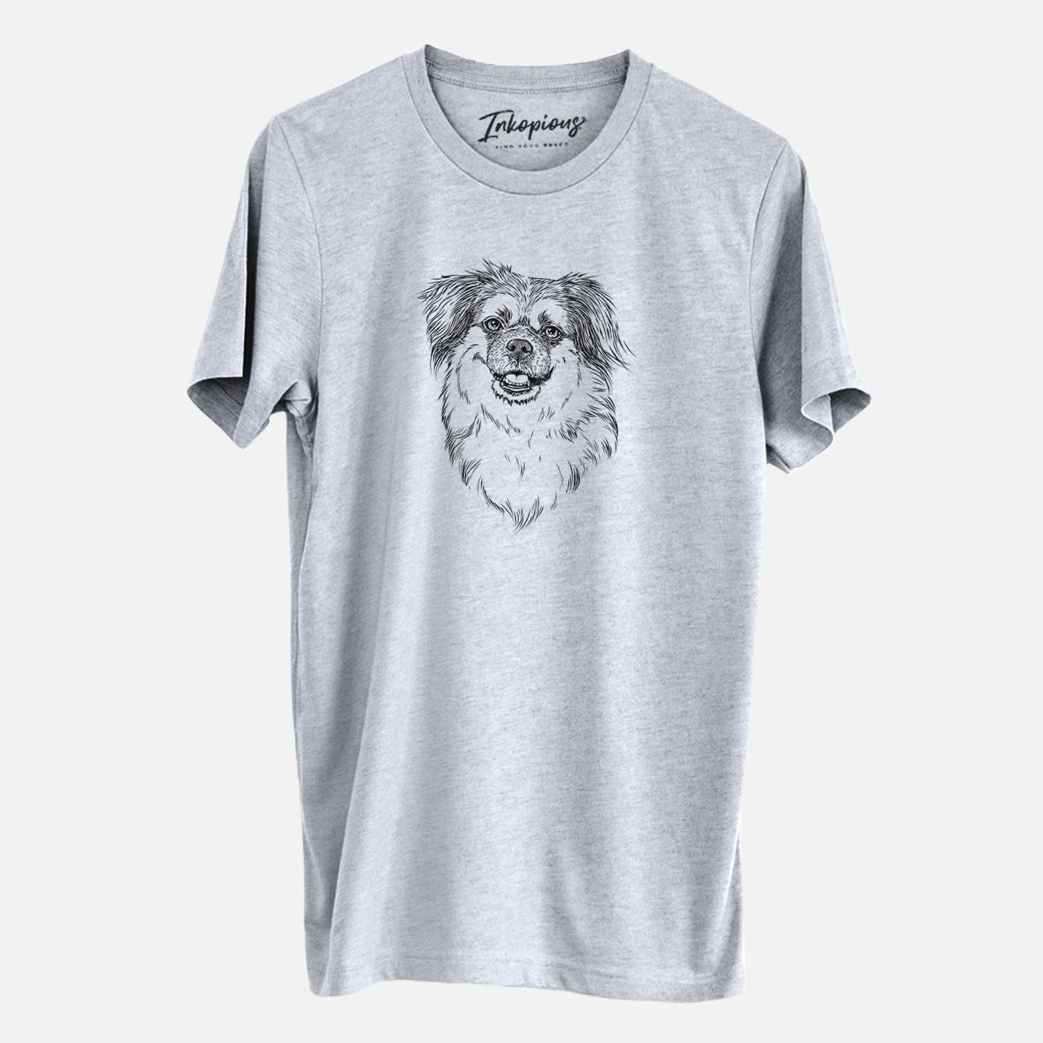 Hand-drawn sketch of Ed the Tibetan Spaniel on a Grey Unisex crewneck
