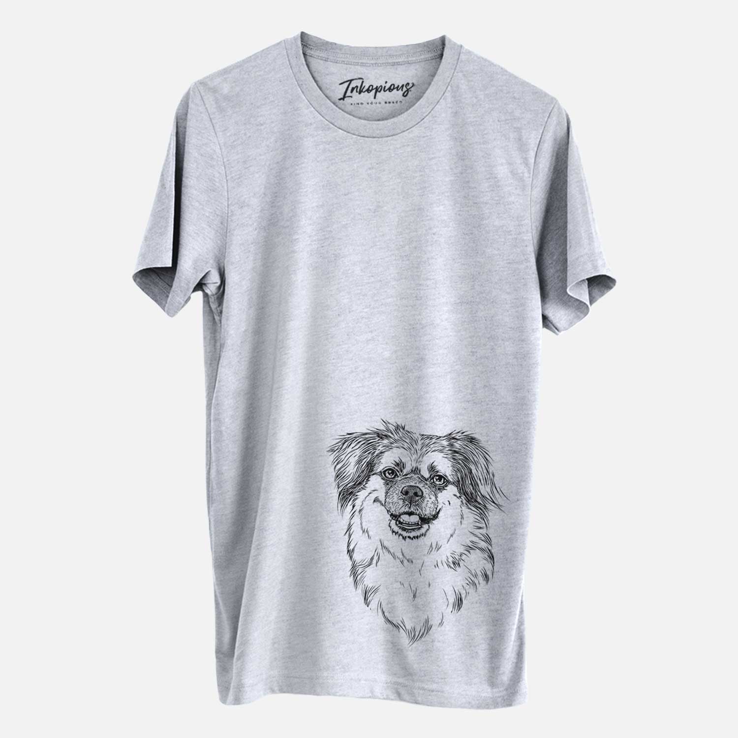 Hand-drawn sketch of Ed the Tibetan Spaniel on a Grey Unisex crewneck