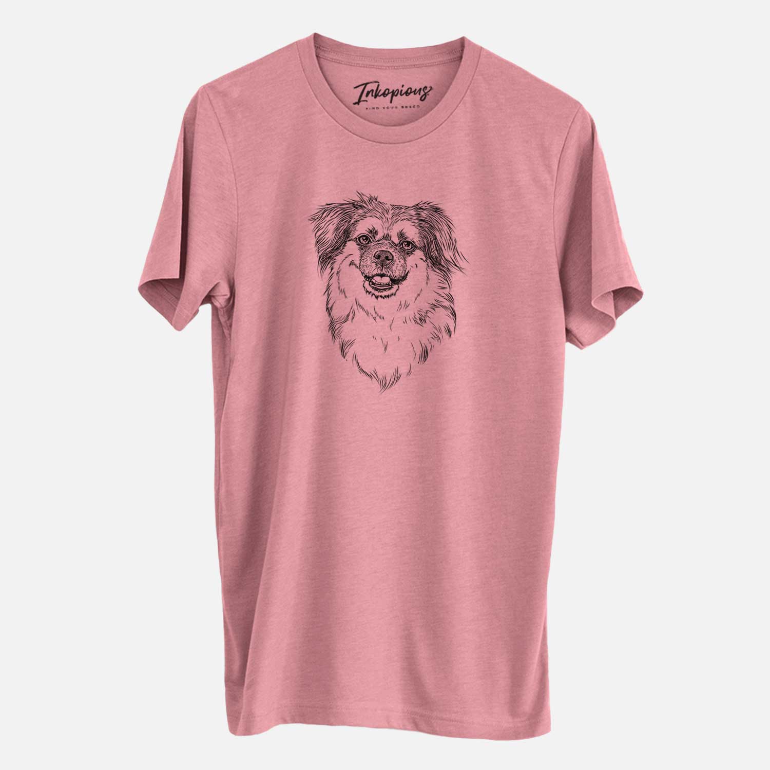 Hand-drawn sketch of Ed the Tibetan Spaniel on a Mauve Unisex crewneck