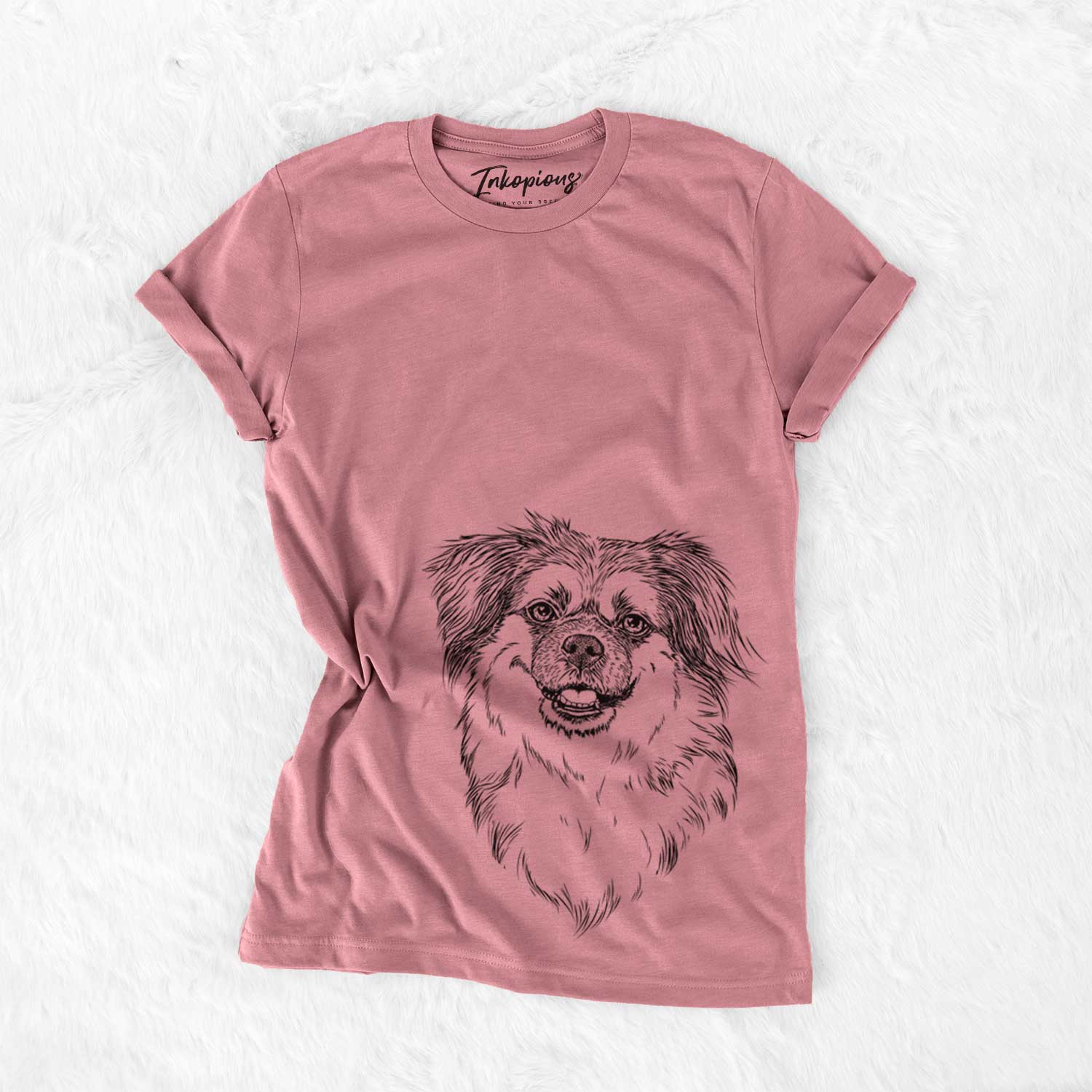 Hand-drawn sketch of Ed the Tibetan Spaniel on a Mauve Unisex crewneck