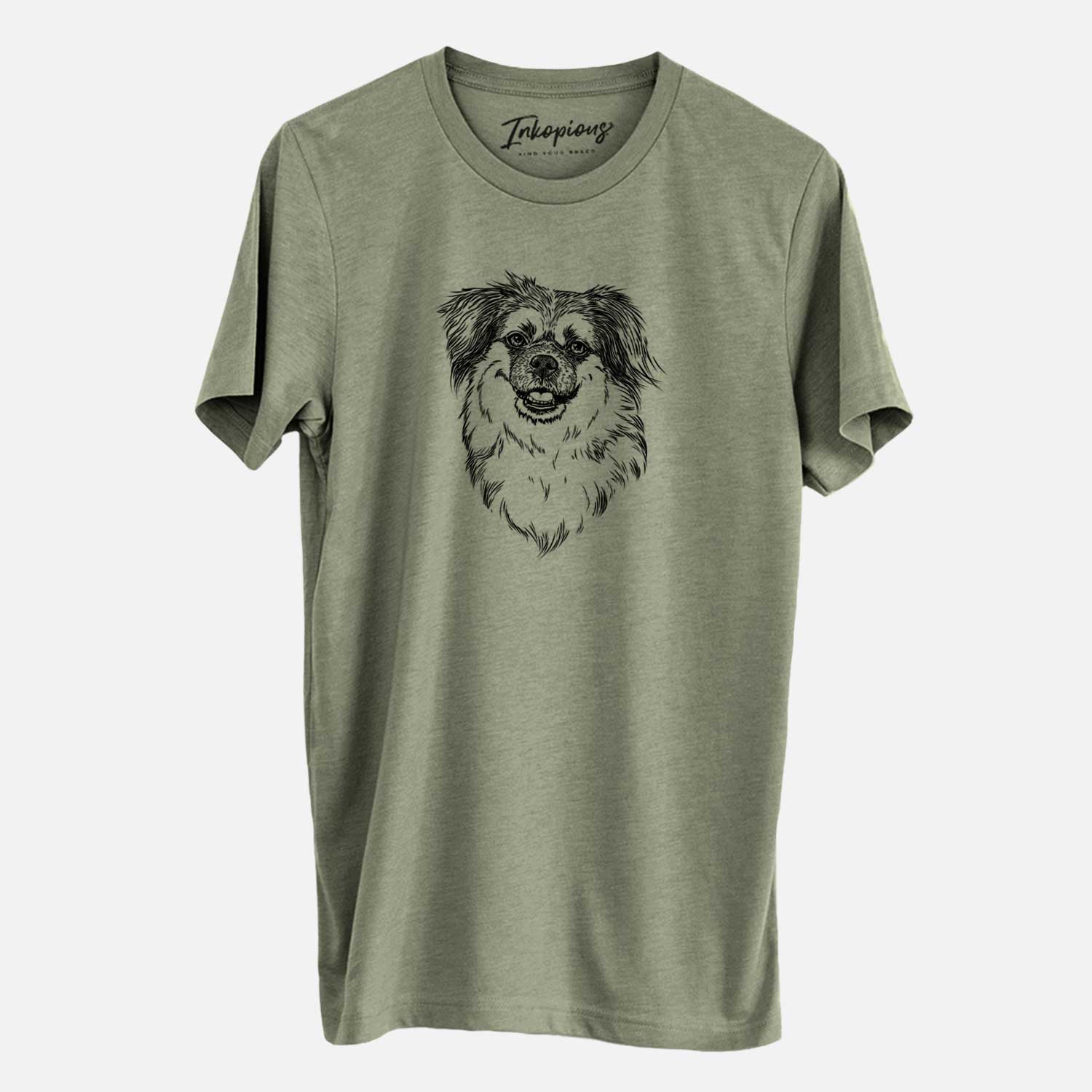 Hand-drawn sketch of Ed the Tibetan Spaniel on an Olive Unisex crewneck