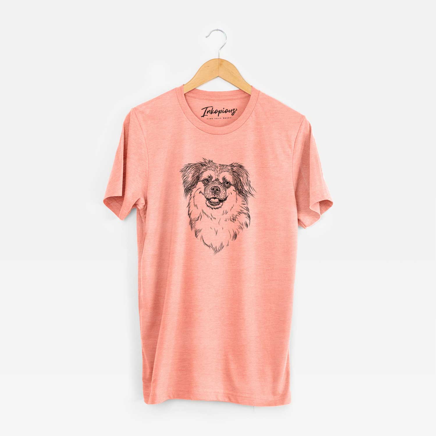 Hand-drawn sketch of Ed the Tibetan Spaniel on a Sunset Unisex crewneck