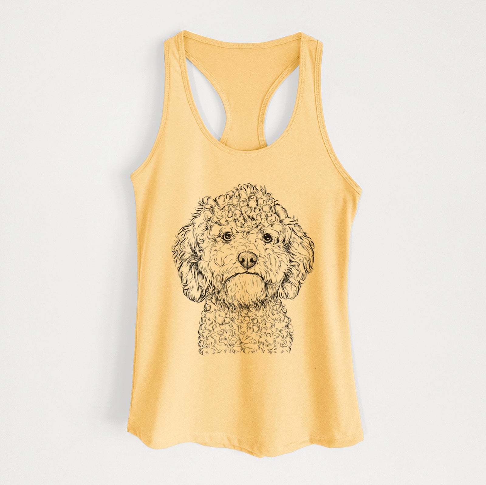 Hand-drawn sketch of Edgar the Shihpoo on a Banana Cream Women's racerback tanktop